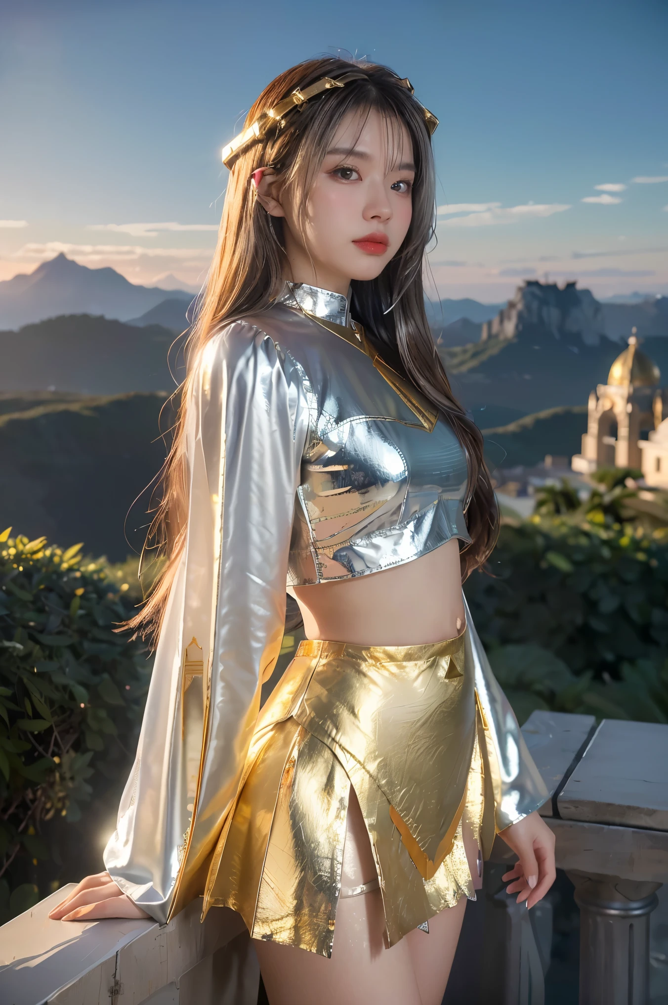 ((masterpiece, best quality, extremely detailed), volumetric lighting, ambient occlusion, colorful, glowing), 1girl, solo, young girl, (dark hair), long hair, halo, aura, sacred, goddess, cleric suit, (white outfit with gold detailst:1.3), armor, outdoors, sunset, sky, clouds, space, (fantasy theme:1.2),