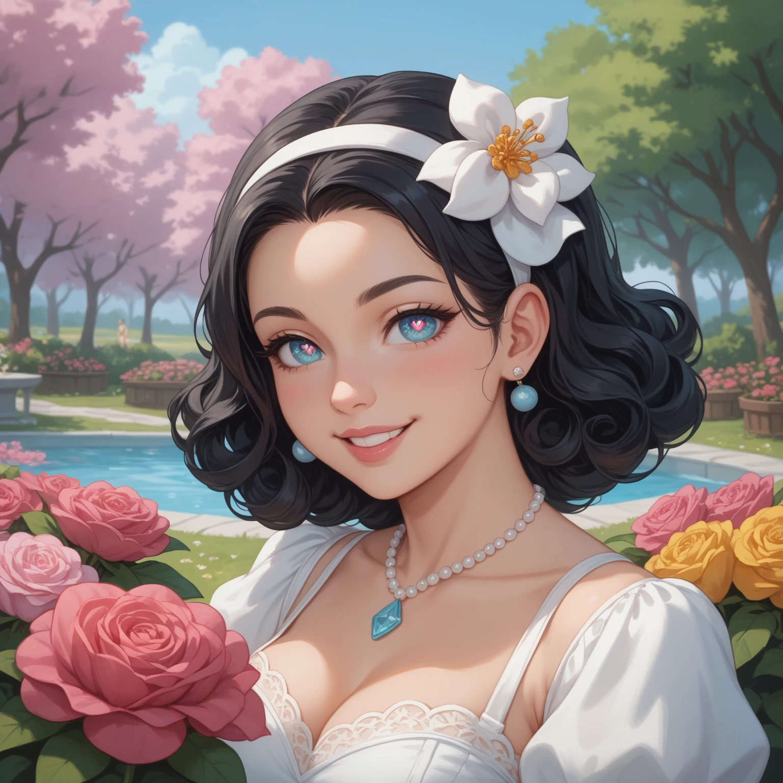 score_9, score_8_up, score_7_up, 1girl,solo,long hair,looking at viewer,smile,open mouth,black hair,dress,holding,sitting,flower,parted lips,teeth,sleeveless,white dress,mole,blurry,black eyes,lips,sleeveless dress,feet out of frame,leaf,strap slip,blue flower,realistic,nose,holding flower