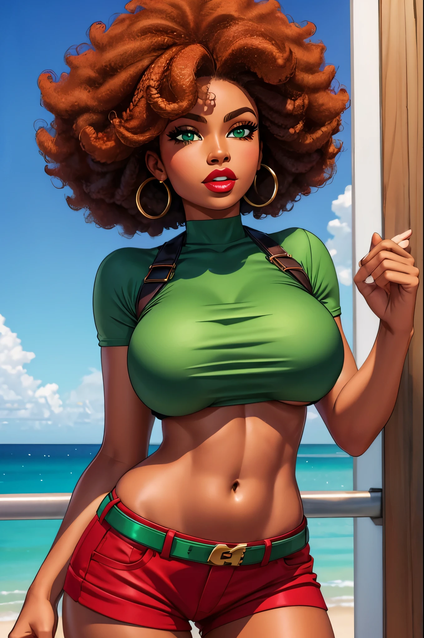 Nubian woman, black skin, ebody skin, dark skin, black afro, red croptop, underboob, hourglass figure