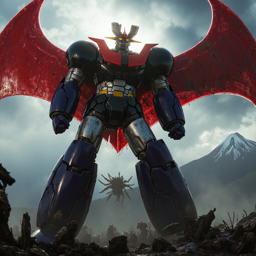  a very realistic version of the modified Mazinger Z,    is 100 meters tall and in a battle pose leaning forward　 Bad Weather Being Remodeled into Great Mazinger　thunder　Burnt Remains of an Enemy Machine Beast Underfoot 　god々The cumulonimbus clouds shine the sun shines 　 Mount Fuji　Spread your red wings　