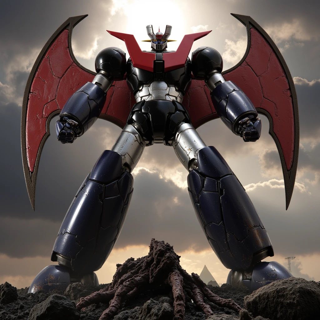  a very realistic version of the modified Mazinger Z,    is 100 meters tall and in a battle pose leaning forward　 Bad Weather Being Remodeled into Great Mazinger　thunder　Burnt Remains of an Enemy Machine Beast Underfoot 　god々The cumulonimbus clouds shine the sun shines 　 Mount Fuji　Spread your red wings　