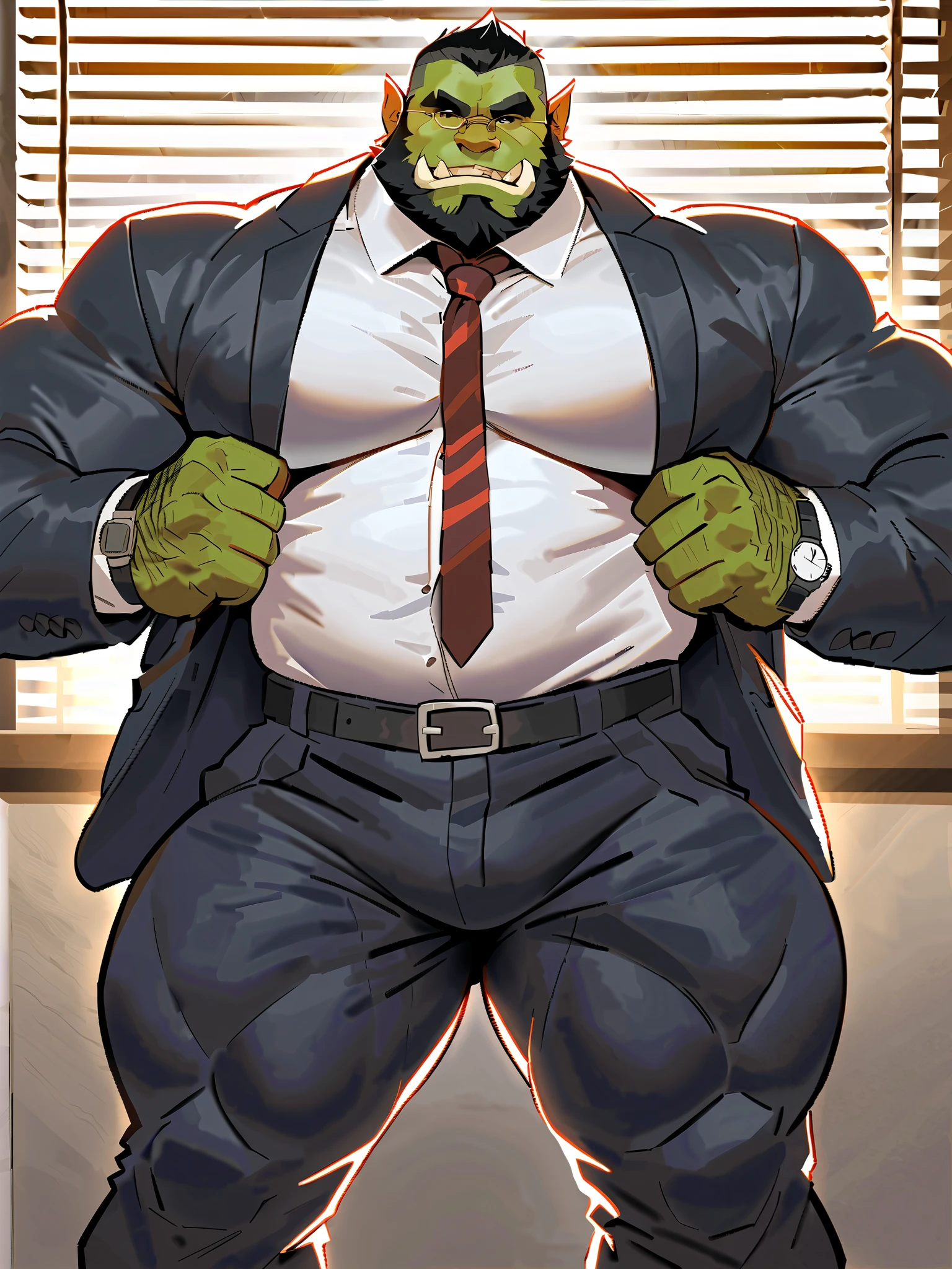 Green skinned bara orc, very large pecs, strong physique, very muscular with a belly, belly, alpha male, perfect anatomy, strong square jaw, masterpiece, black bushy beard, black eyes, thick black frame square glasses, lustful eyes looking at viewer, strong jaw, giant biceps, long sleeve white dress shirt, oversized loose fitting button shirt, military orc daddy, small belly, no six pack muscles, solo, in oversized office slacks, wide leather belt, red tie, oversized suit jacket, oversized fitting black suit, oversized suit jacket, watch on wrist, big muscle ass, great indoor lighting, hairy, king Orc, very manly, boss at work theme, office background, sun shining in from the office window blinds, playful expression, professional