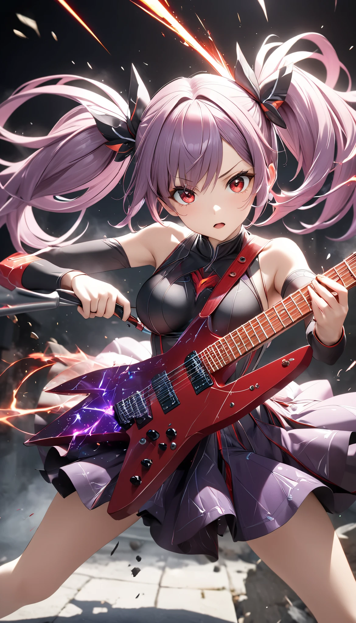 1 attractive mature woman , Expressive long hair, Twin Tails, Transformed Guitar,
BREAK: Viewers quickly approaching , Charging while performing magic attack, Quick combat preparation,
BREAK Sexy Magic Clothes, Only the clothes are green, Luxurious silk texture , High-quality decoration, Detailed and attractive skin,
BREAK Expressing explosive acceleration with motion blur,
BREAK Aesthetic Twin Tails hair fluttering backwards during rapid acceleration,
BREAK Professional spray work, Detailed and Delicate Textures , Detailed and intricate brushwork, Detailed and vivid depiction , anatomically correct, Absurd aesthetics,
BREAK Unleash the magic of transparent full color in your hands, Holographically coated attack magic,
BREAK Approaching with a forward leaning posture, staring at me , Clear red eyes,
dynamic shot , ( Eye Shot ),
BREAK attractive Twin Tail's hair, Sudden magic attack, hair color is fixed to a white-purple gradation , Great aesthetic sense,
BREAK Highest quality, Highest Resolution , octane rendering , super retinavision ,