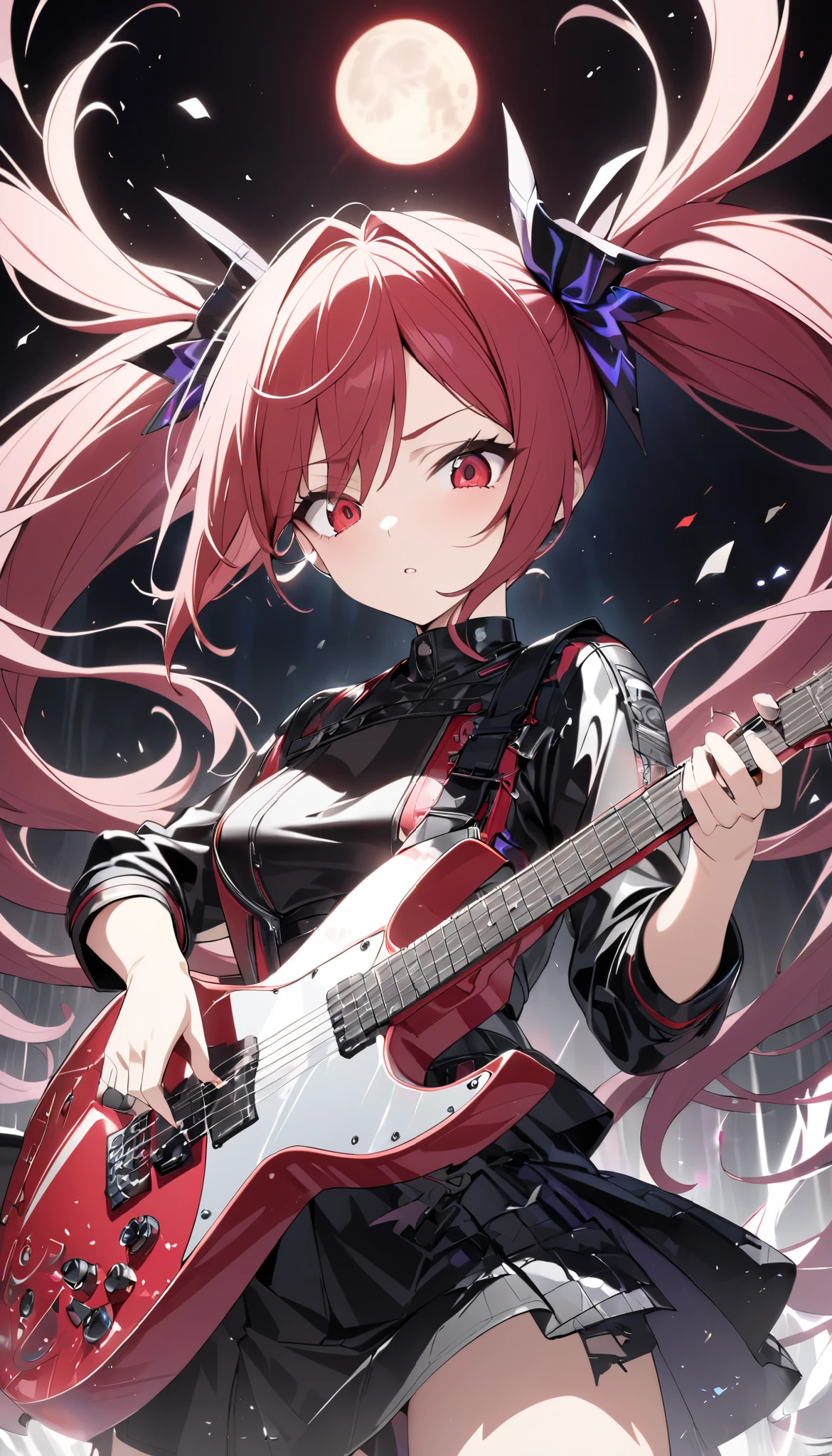 1 attractive mature woman, Expressive long hair, Twin Tails, playing the Transformed Guitar, transformed like a moon,
BREAK: quickly approaching Viewers , Charging while performing, Quick vibes preparation,
BREAK Sexy punk Clothes, Only the clothes are leather, Luxurious silk shining texture , High-quality decoration, Detailed and attractive skin,
BREAK Expressing explosive acceleration with motion blur,
BREAK Aesthetic Twin Tails hair fluttering backwards during rapid acceleration,
BREAK Professional spray work, Detailed and Delicate Textures , Detailed and intricate brushwork, Detailed and vivid depiction , anatomically correct, Absurd aesthetics,
BREAK Unleash the music of transparent full color in your hands, Holographically coated attack music,
BREAK Approaching with a forward leaning posture, staring at me , Clear red eyes,
dynamic shot , ( Eye Shot ),
BREAK attractive Twin Tail's hair, Sudden music attack, hair color is fixed to a white-purple gradation, Great aesthetic sense,
BREAK Highest quality, Highest Resolution, octane rendering, super retina-vision,
