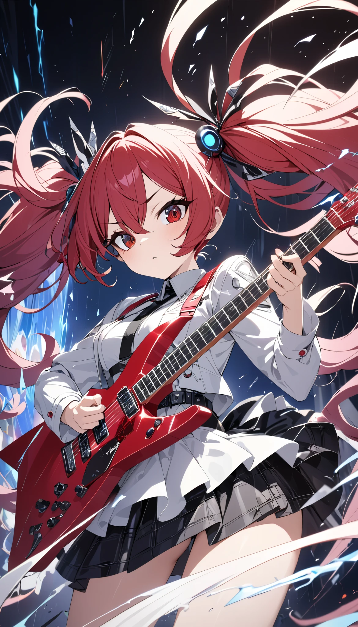 1 attractive mature woman, Expressive long hair, Twin Tails, playing the Transformed Guitar, transformed like a moon,
BREAK: quickly approaching Viewers , Charging while performing, Quick vibes preparation,
BREAK Sexy punk Clothes, Only the clothes are leather, Luxurious silk shining texture , High-quality decoration, Detailed and attractive skin,
BREAK Expressing explosive acceleration with motion blur,
BREAK Aesthetic Twin Tails hair fluttering backwards during rapid acceleration,
BREAK Professional spray work, Detailed and Delicate Textures , Detailed and intricate brushwork, Detailed and vivid depiction , anatomically correct, Absurd aesthetics,
BREAK Unleash the music of transparent full color in your hands, Holographically coated attack music,
BREAK Approaching with a forward leaning posture, staring at me , Clear red eyes,
dynamic shot , ( Eye Shot ),
BREAK attractive Twin Tail's hair, Sudden music attack, hair color is fixed to a white-purple gradation, Great aesthetic sense,
BREAK Highest quality, Highest Resolution, octane rendering, super retina-vision,