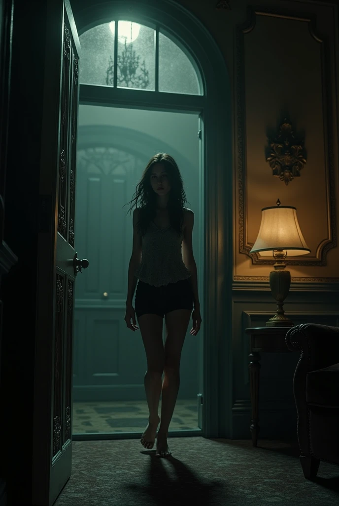 show a woman slowly getting up, with bones cracking, revealing her face came with her mouth sewn shut and deep-set eyes in an abandoned and old house