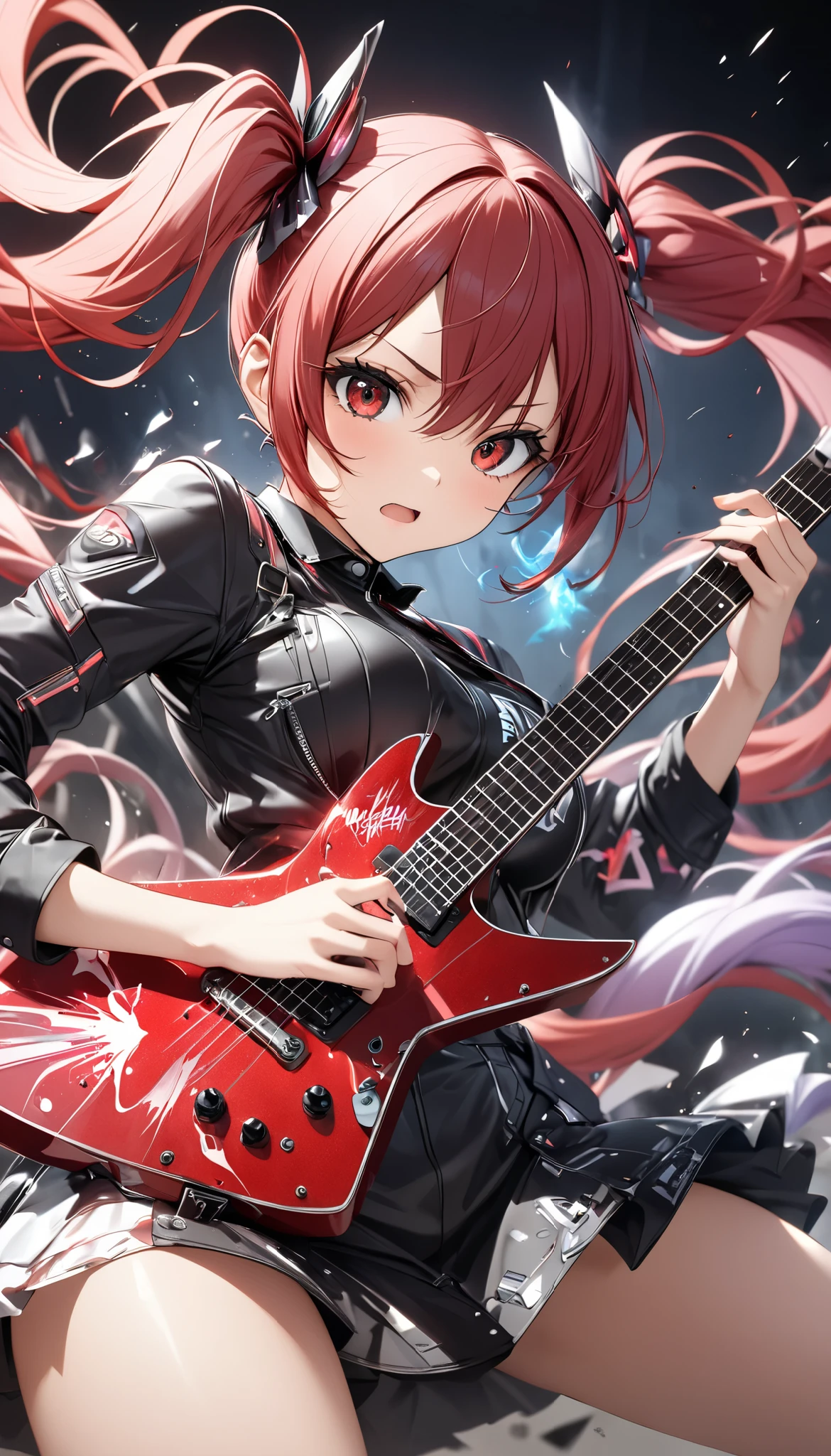 1 attractive mature woman, Expressive long hair, Twin Tails, playing the Transformed Guitar, transformed like a moon,
BREAK: quickly approaching Viewers , Charging while performing, Quick vibes preparation,
BREAK Sexy punk Clothes, Only the clothes are leather, Luxurious silk shining texture , High-quality decoration, Detailed and attractive skin,
BREAK Expressing explosive acceleration with motion blur,
BREAK Aesthetic Twin Tails hair fluttering backwards during rapid acceleration,
BREAK Professional spray work, Detailed and Delicate Textures , Detailed and intricate brushwork, Detailed and vivid depiction , anatomically correct, Absurd aesthetics,
BREAK Unleash the music of transparent full color in your hands, Holographically coated attack music,
BREAK Approaching with a forward leaning posture, staring at me , Clear red eyes,
dynamic shot , ( Eye Shot ),
BREAK attractive Twin Tail's hair, Sudden music attack, hair color is fixed to a white-purple gradation, Great aesthetic sense,
BREAK Highest quality, Highest Resolution, octane rendering, super retina-vision,