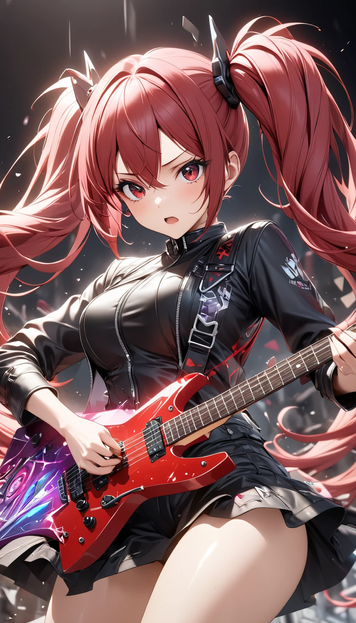 1 attractive mature woman, Expressive long hair, Twin Tails, playing the Transformed Guitar, transformed like a moon,
BREAK: quickly approaching Viewers , Charging while performing, Quick vibes preparation,
BREAK Sexy punk Clothes, Only the clothes are leather, Luxurious silk shining texture , High-quality decoration, Detailed and attractive skin,
BREAK Expressing explosive acceleration with motion blur,
BREAK Aesthetic Twin Tails hair fluttering backwards during rapid acceleration,
BREAK Professional spray work, Detailed and Delicate Textures , Detailed and intricate brushwork, Detailed and vivid depiction , anatomically correct, Absurd aesthetics,
BREAK Unleash the music of transparent full color in your hands, Holographically coated attack music,
BREAK Approaching with a forward leaning posture, staring at me , Clear red eyes,
dynamic shot , ( Eye Shot ),
BREAK attractive Twin Tail's hair, Sudden music attack, hair color is fixed to a white-purple gradation, Great aesthetic sense,
BREAK Highest quality, Highest Resolution, octane rendering, super retina-vision,