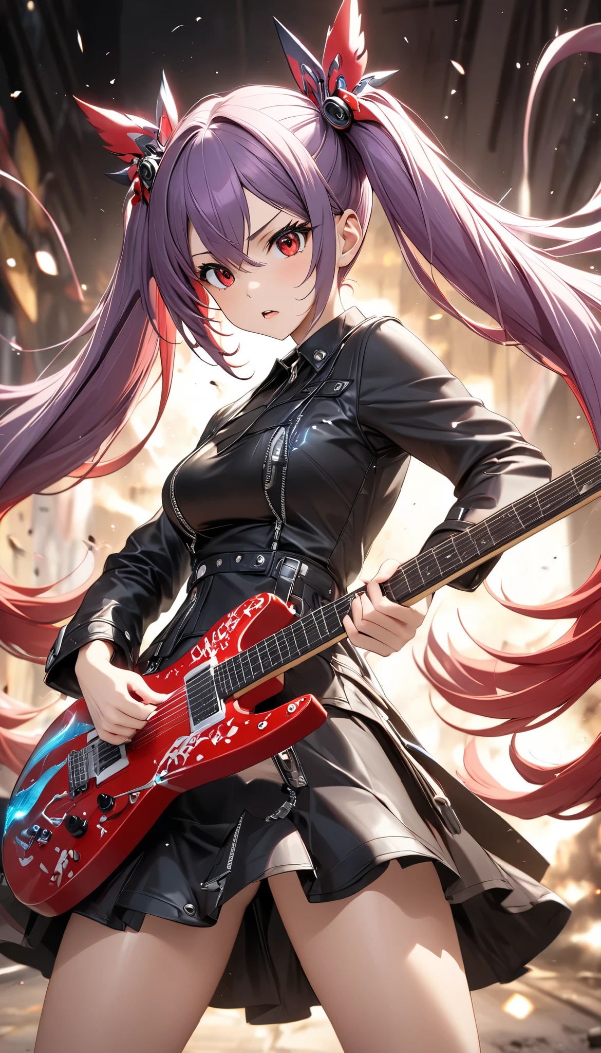 1 attractive mature woman, Expressive long hair, Twin Tails, playing the Transformed Guitar, transformed like a moon,
BREAK: quickly approaching Viewers , Charging while performing, Quick vibes preparation,
BREAK Sexy punk Clothes, Only the clothes are leather, Luxurious silk shining texture , High-quality decoration, Detailed and attractive skin,
BREAK Expressing explosive acceleration with motion blur,
BREAK Aesthetic Twin Tails hair fluttering backwards during rapid acceleration,
BREAK Professional spray work, Detailed and Delicate Textures , Detailed and intricate brushwork, Detailed and vivid depiction , anatomically correct, Absurd aesthetics,
BREAK Unleash the music of transparent full color in your hands, Holographically coated attack music,
BREAK Approaching with a forward leaning posture, staring at me , Clear red eyes,
dynamic shot , ( Eye Shot ),
BREAK attractive Twin Tail's hair, Sudden music attack, hair color is fixed to a white-purple gradation, Great aesthetic sense,
BREAK Highest quality, Highest Resolution, octane rendering, super retina-vision,