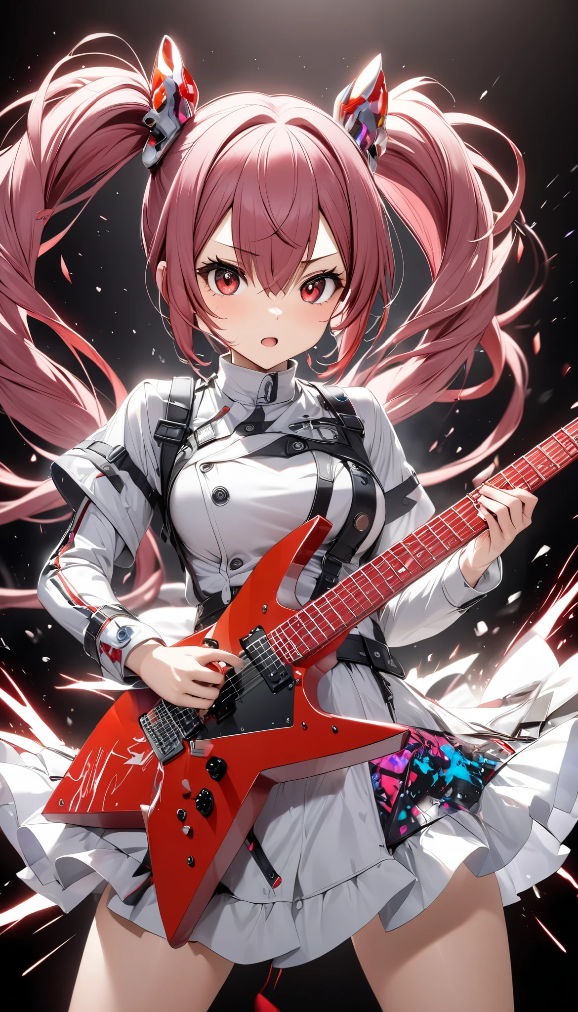 1 attractive mature woman, Expressive long hair, Twin Tails, playing the Transformed Guitar, transformed like a moon,
BREAK: quickly approaching Viewers , Charging while performing, Quick vibes preparation,
BREAK Sexy punk Clothes, Only the clothes are leather, Luxurious silk shining texture , High-quality decoration, Detailed and attractive skin,
BREAK Expressing explosive acceleration with motion blur,
BREAK Aesthetic Twin Tails hair fluttering backwards during rapid acceleration,
BREAK Professional spray work, Detailed and Delicate Textures , Detailed and intricate brushwork, Detailed and vivid depiction , anatomically correct, Absurd aesthetics,
BREAK Unleash the music of transparent full color in your hands, Holographically coated attack music,
BREAK Approaching with a forward leaning posture, staring at me , Clear red eyes,
dynamic shot , ( Eye Shot ),
BREAK attractive Twin Tail's hair, Sudden music attack, hair color is fixed to a white-purple gradation, Great aesthetic sense,
BREAK Highest quality, Highest Resolution, octane rendering, super retina-vision,