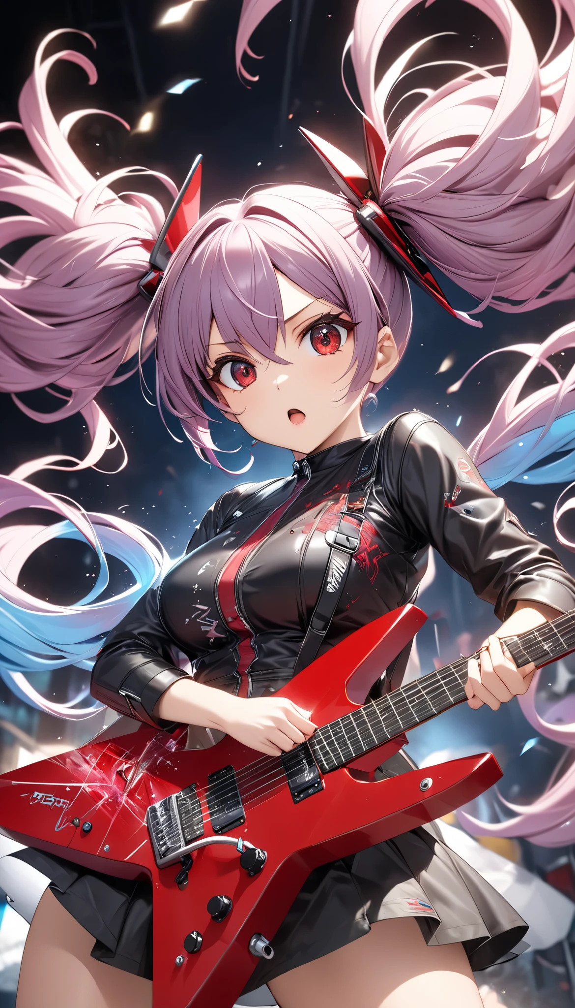 1 attractive mature woman, Expressive long hair, Twin Tails, playing the Transformed Guitar, transformed like a moon,  
BREAK: quickly approaching Viewers , Charging while performing, Quick vibes preparation, 
BREAK Sexy punk Clothes, Only the clothes are leather,  Luxurious silk shining texture , High-quality decoration, Detailed and attractive skin, 
BREAK Expressing explosive acceleration with motion blur, 
BREAK Aesthetic Twin Tails hair fluttering backwards during rapid acceleration, 
BREAK Professional spray work,  Detailed and Delicate Textures , Detailed and intricate brushwork,  Detailed and vivid depiction ,   anatomically correct, Absurd aesthetics, 
BREAK Unleash the music of transparent full color in your hands, Holographically coated attack music, 
BREAK Approaching with a forward leaning posture,  staring at me , Clear red eyes, 
 dynamic shot , ( Eye Shot ), 
BREAK attractive Twin Tail's hair, Sudden music attack, hair color is fixed to a white-purple gradation, Great aesthetic sense, 
BREAK Highest quality, Highest Resolution, octane rendering, super retina-vision, 