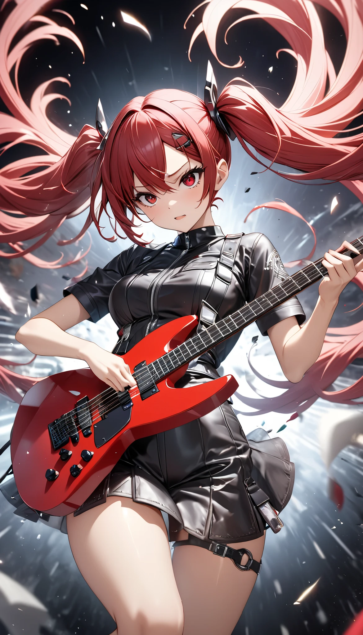 1 attractive mature woman, Expressive long hair, Twin Tails, playing the Transformed Guitar, transformed like a moon,
BREAK: quickly approaching Viewers , Charging while performing, Quick vibes preparation,
BREAK Sexy punk Clothes, Only the clothes are leather, Luxurious silk shining texture , High-quality decoration, Detailed and attractive skin,
BREAK Expressing explosive acceleration with motion blur,
BREAK Aesthetic Twin Tails hair fluttering backwards during rapid acceleration,
BREAK Professional spray work, Detailed and Delicate Textures , Detailed and intricate brushwork, Detailed and vivid depiction , anatomically correct, Absurd aesthetics,
BREAK Unleash the music of transparent full color in your hands, Holographically coated attack music,
BREAK Approaching with a forward leaning posture, staring at me , Clear red eyes,
dynamic shot , ( Eye Shot ),
BREAK attractive Twin Tail's hair, Sudden music attack, hair color is fixed to a white-purple gradation, Great aesthetic sense,
BREAK Highest quality, Highest Resolution, octane rendering, super retina-vision,