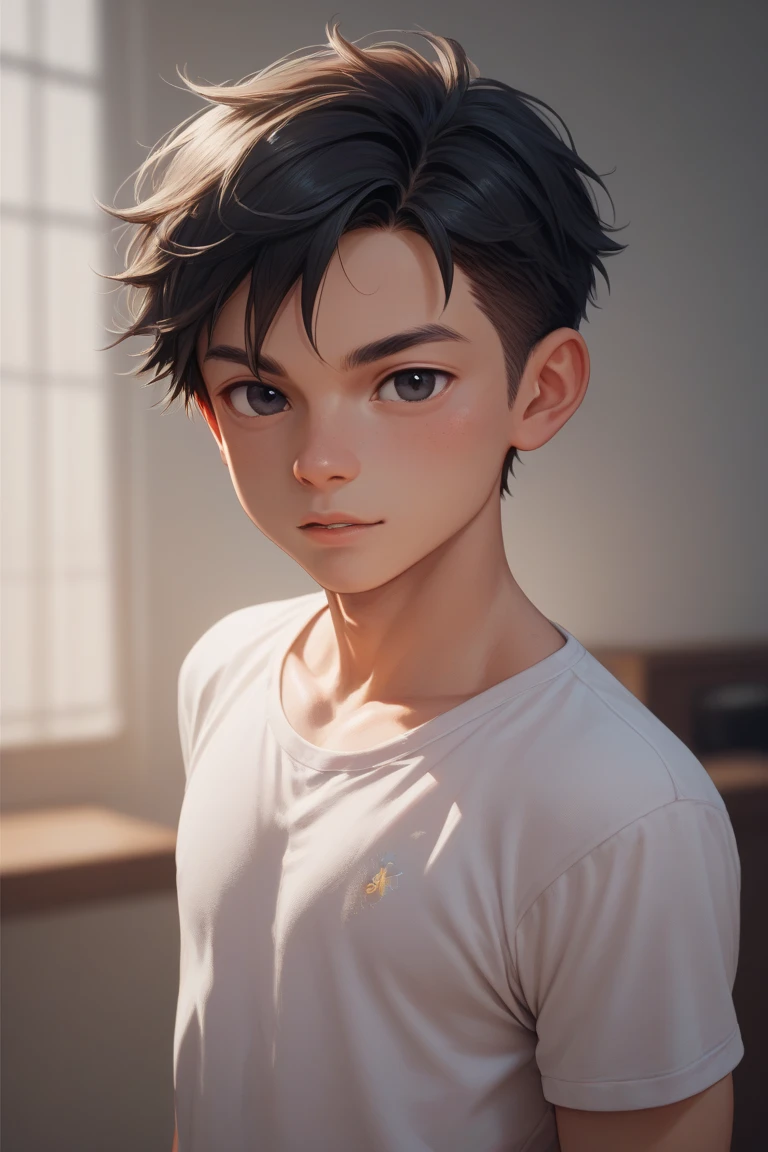 A young boy with skin black short hair black eyes 