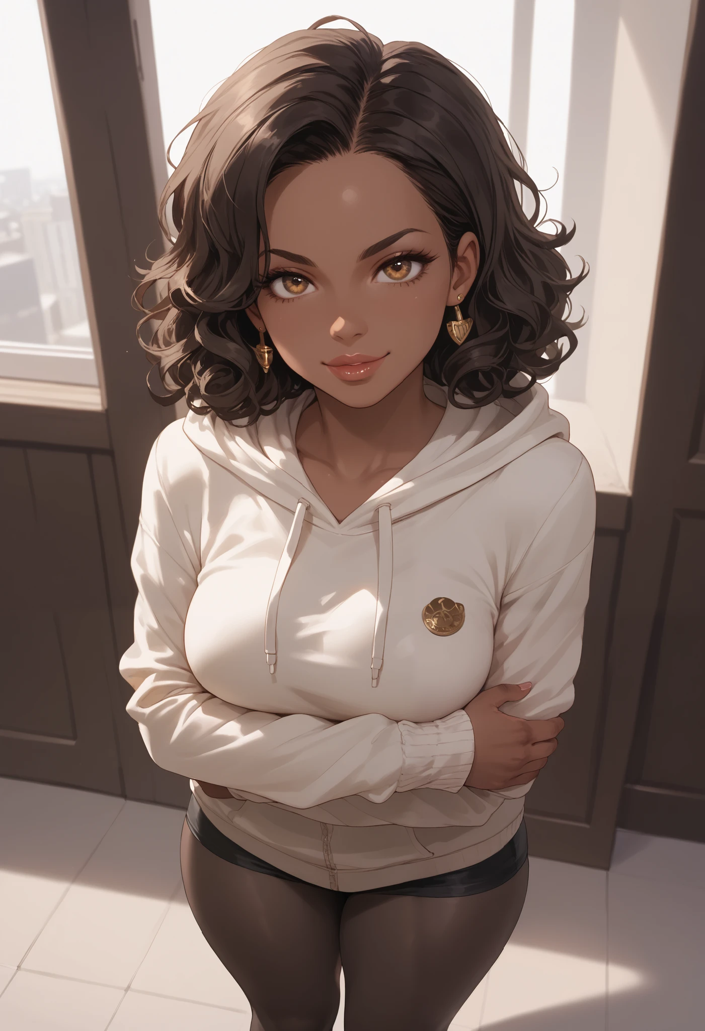 a single person in this image..Almond-eyed Dark Mocha-skin tonned African-American woman with Short dark curly hair, juicy lips, a large chest, thick thighs, Perfect hands, . She is standing Alone with her arms open prepared for a hug. She is wearing a hoodie with black tights. She has a seductive smirk while looking up at viewer. Her face is in the foreground.Above view