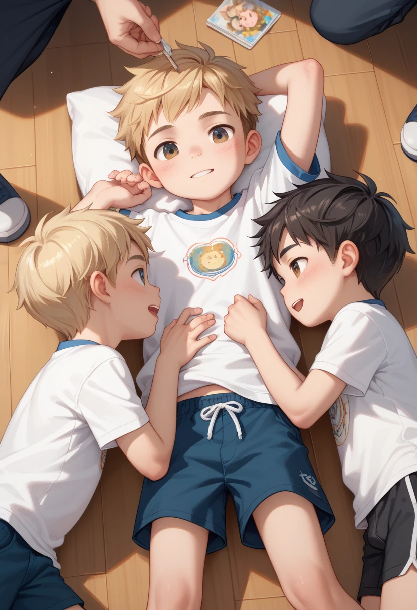 Group, 3 people. Group of boys have three boys, all is 4-yr, cute, young, little, short, thin, blonde hair, brown hair, black hair, Age Regression, Shotacon, Shota. Shorts pants. Lying down on floor.