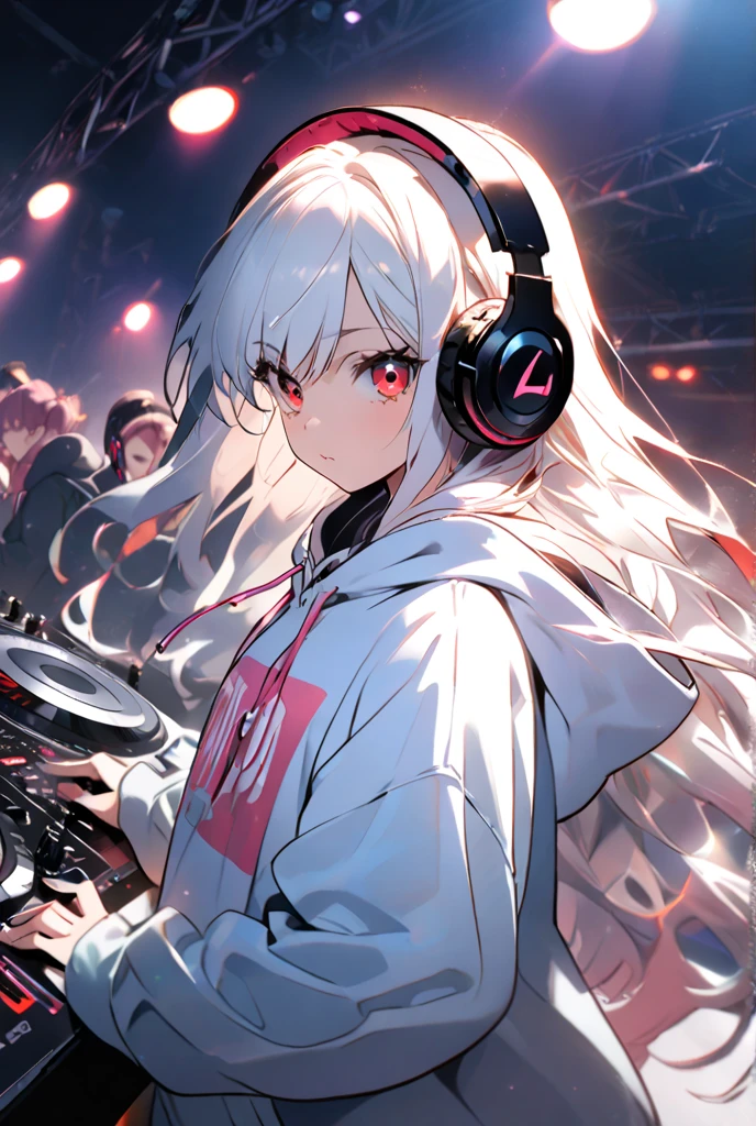 Girl, teenager, white long hair, red eyes, DJ, Headphones, long oversized hoodie, no bottom, album cover art, album cover