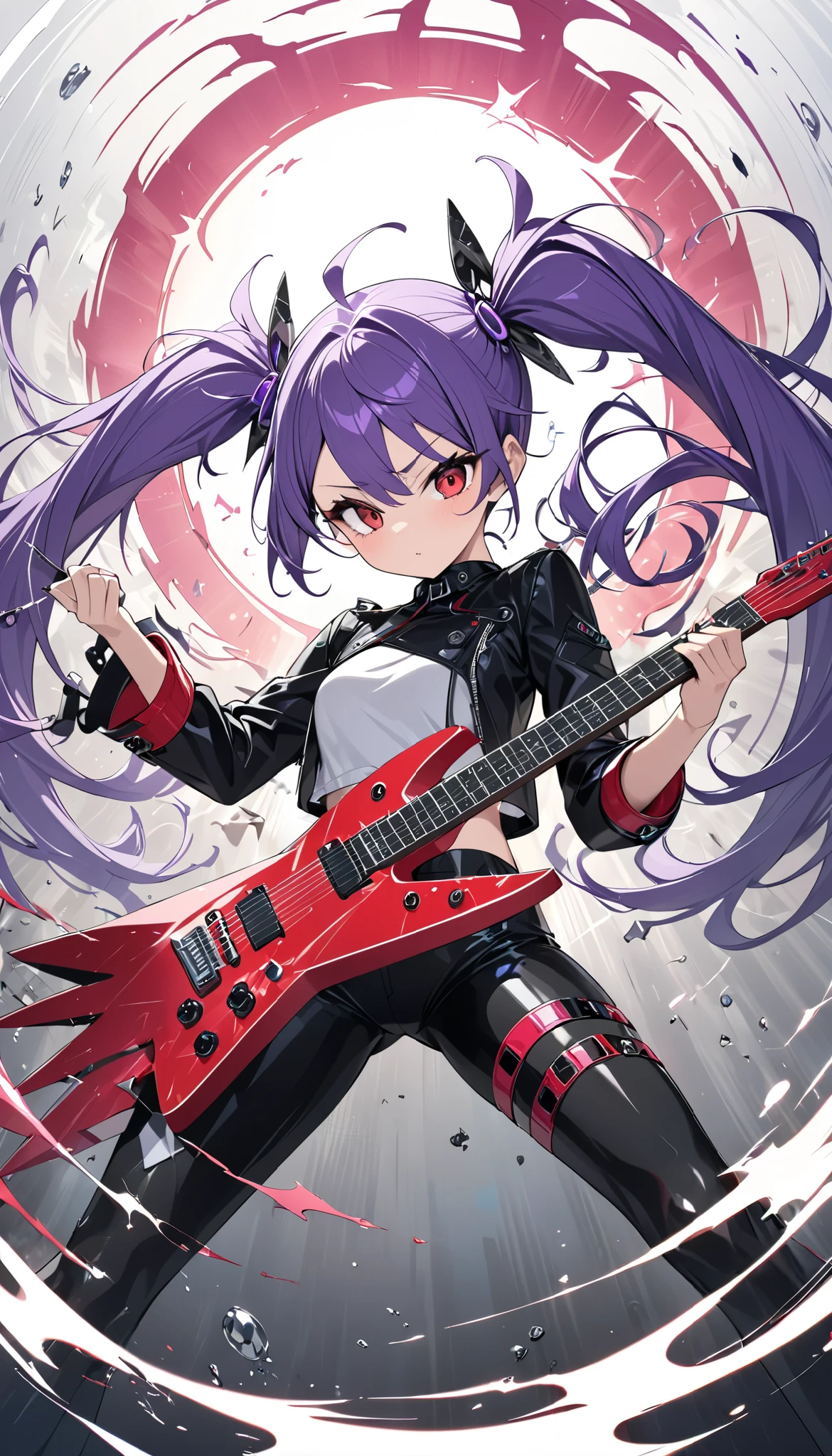 simple art, cute, flat pop color, 1 attractive mature woman, Expressive long hair, Twin Tails, playing the Transformed Guitar, transformed like a moon,
BREAK: quickly approaching Viewers , Charging while performing, Quick vibes preparation,
BREAK Sexy punk Clothes, Only the clothes are leather, Luxurious silk shining texture , High-quality decoration, Detailed and attractive skin,
BREAK Expressing explosive acceleration with motion blur,
BREAK Aesthetic Twin Tails hair fluttering backwards during rapid acceleration,
BREAK Professional spray work, Detailed and Delicate Textures , Detailed and intricate brushwork, Detailed and vivid depiction , anatomically correct, Absurd aesthetics,
BREAK Unleash the music of transparent full color in your hands, Holographically coated attack music,
BREAK Approaching with a forward leaning posture, staring at me , Clear red eyes,
dynamic shot , ( Eye Shot ),
BREAK attractive Twin Tail's hair, Sudden music attack, hair color is fixed to a white-purple gradation, Great aesthetic sense,
BREAK Highest quality, Highest Resolution, octane rendering, super retina-vision,