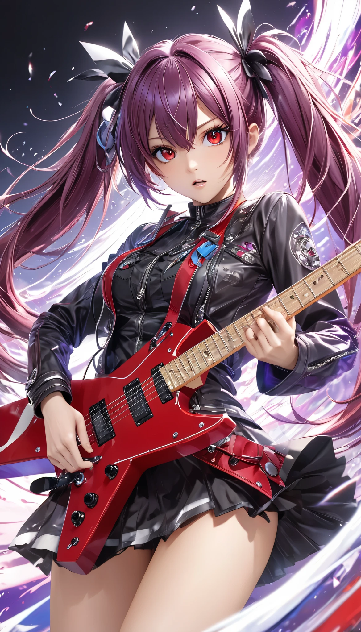 1 attractive mature woman, Expressive long hair, Twin Tails, playing the Transformed Guitar, transformed like a moon,
BREAK: quickly approaching Viewers , Charging while performing, Quick vibes preparation,
BREAK Sexy punk Clothes, Only the clothes are leather, Luxurious silk shining texture , High-quality decoration, Detailed and attractive skin,
BREAK Expressing explosive acceleration with motion blur,
BREAK Aesthetic Twin Tails hair fluttering backwards during rapid acceleration,
BREAK Professional spray work, Detailed and Delicate Textures , Detailed and intricate brushwork, Detailed and vivid depiction , anatomically correct, Absurd aesthetics,
BREAK Unleash the music of transparent full color in your hands, Holographically coated attack music,
BREAK Approaching with a forward leaning posture, staring at me , Clear red eyes,
dynamic shot , ( Eye Shot ),
BREAK attractive Twin Tail's hair, Sudden music attack, hair color is fixed to a white-purple gradation, Great aesthetic sense,
BREAK Highest quality, Highest Resolution, octane rendering, super retina-vision,