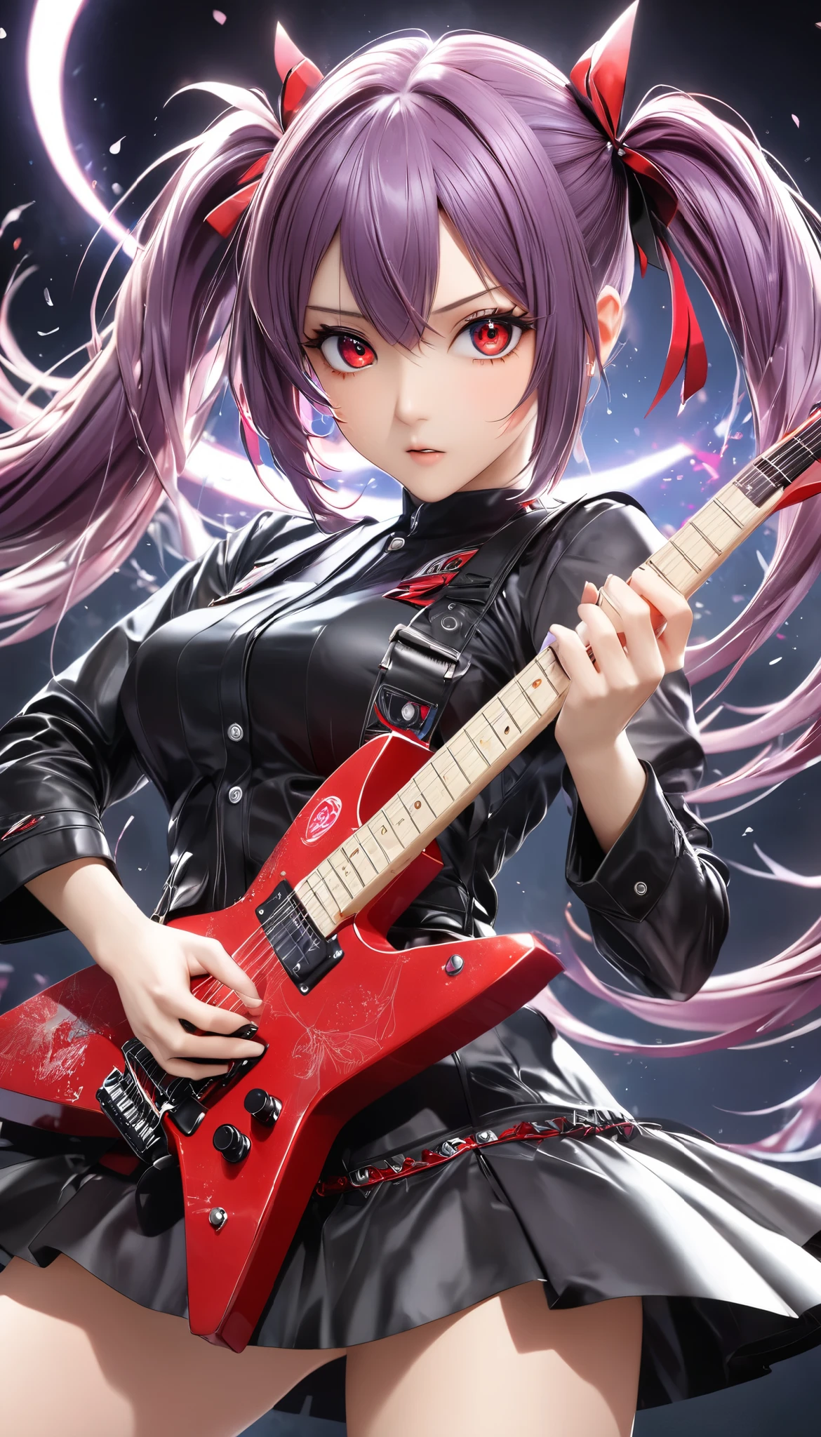1 attractive mature woman, Expressive long hair, Twin Tails, playing the Transformed Guitar, transformed like a moon,
BREAK: quickly approaching Viewers , Charging while performing, Quick vibes preparation,
BREAK Sexy punk Clothes, Only the clothes are leather, Luxurious silk shining texture , High-quality decoration, Detailed and attractive skin,
BREAK Expressing explosive acceleration with motion blur,
BREAK Aesthetic Twin Tails hair fluttering backwards during rapid acceleration,
BREAK Professional spray work, Detailed and Delicate Textures , Detailed and intricate brushwork, Detailed and vivid depiction , anatomically correct, Absurd aesthetics,
BREAK Unleash the music of transparent full color in your hands, Holographically coated attack music,
BREAK Approaching with a forward leaning posture, staring at me , Clear red eyes,
dynamic shot , ( Eye Shot ),
BREAK attractive Twin Tail's hair, Sudden music attack, hair color is fixed to a white-purple gradation, Great aesthetic sense,
BREAK Highest quality, Highest Resolution, octane rendering, super retina-vision,