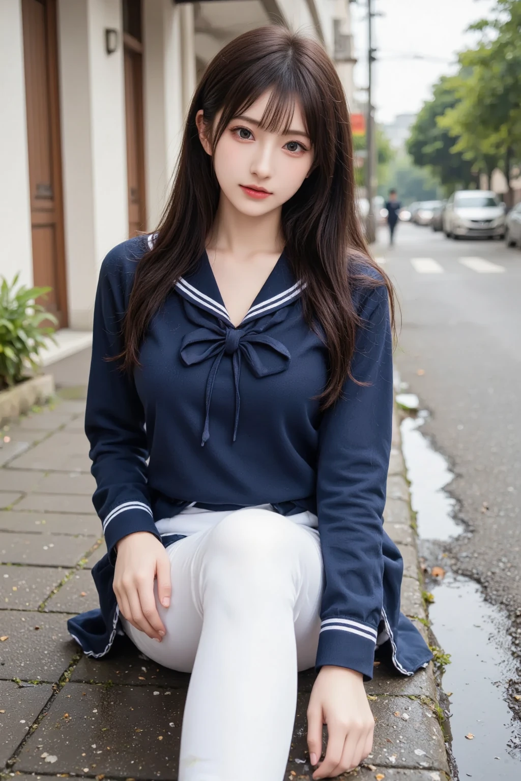  wearing a navy blue skirt and a traditional long-sleeved sailor suit with white accents、Fair-skinned Japanese  ******  professional photo of a girl .  she is sitting on a wet pavement ,  with her legs slightly open ,  Wearing .  composition emphasizes the slight reflection of her white pants in a small puddle .  The image emphasizes her idol-like beauty and 、Clearly ,  smooth skin and delicate facial features .  Soft, Natural Lighting ,  gentle shadows that enhance the texture of the uniform and the reflective surface of the puddle The .  the background is blurred to draw attention to the subject ,  composition creates a quiet yet playful atmosphere, and the .  Photographed with a 50mm lens f  /2. 8 ,  photorealistic aesthetics .