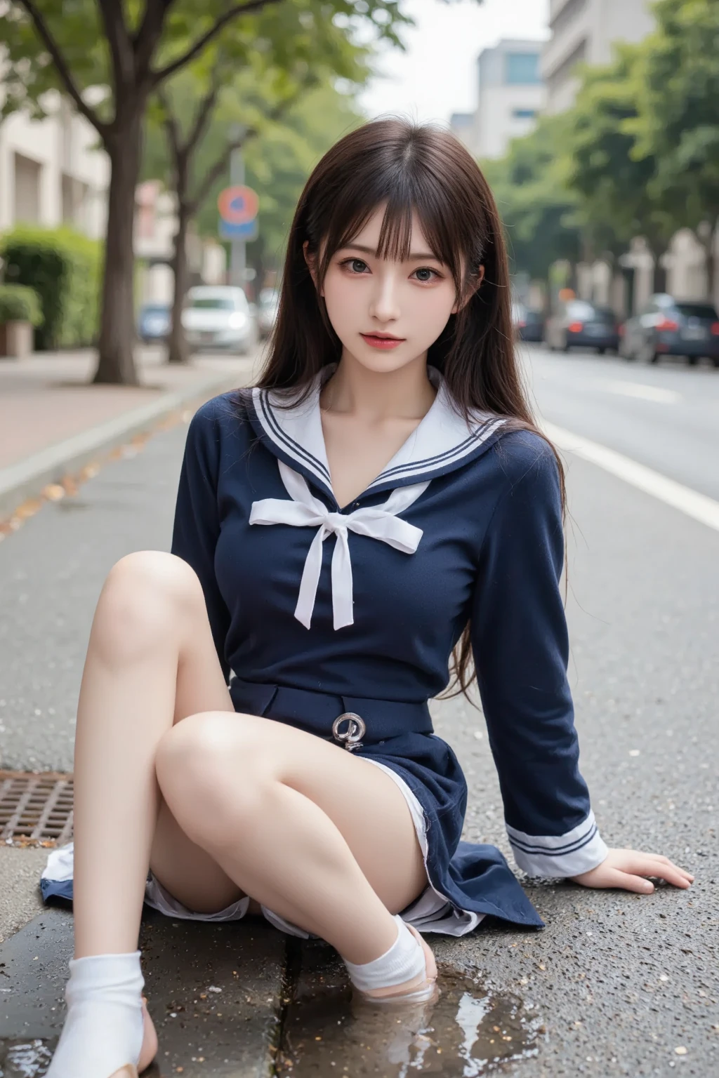  wearing a navy blue skirt and a traditional long-sleeved sailor suit with white accents、Fair-skinned Japanese  ******  professional photo of a girl .  she is sitting on a wet pavement ,  with her legs slightly open ,  Wearing .  composition emphasizes the slight reflection of her white pants in a small puddle .  The image emphasizes her idol-like beauty and 、Clearly ,  smooth skin and delicate facial features .  Soft, Natural Lighting ,  gentle shadows that enhance the texture of the uniform and the reflective surface of the puddle The .  the background is blurred to draw attention to the subject ,  composition creates a quiet yet playful atmosphere, and the .  Photographed with a 50mm lens f  /2. 8 ,  photorealistic aesthetics .