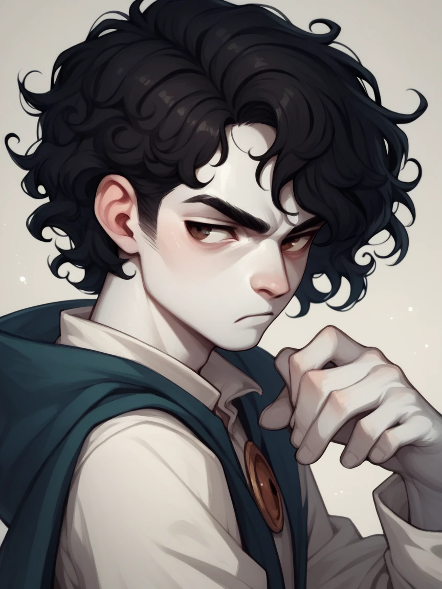 Cat boy with curly black hair and brown eyes and serious face and wearing a modern witch costume and white skin 