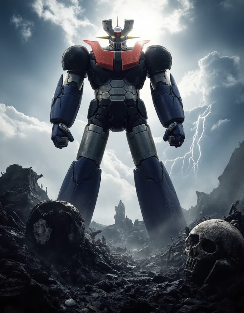  a very realistic version of the modified Mazinger Z,    is 100 meters tall and in a battle pose leaning forward　 Bad Weather Being Remodeled into Great Mazinger　thunder　Burnt Remains of an Enemy Machine Beast Underfoot 　god々The cumulonimbus clouds shine the sun shines 　 Mount Fuji