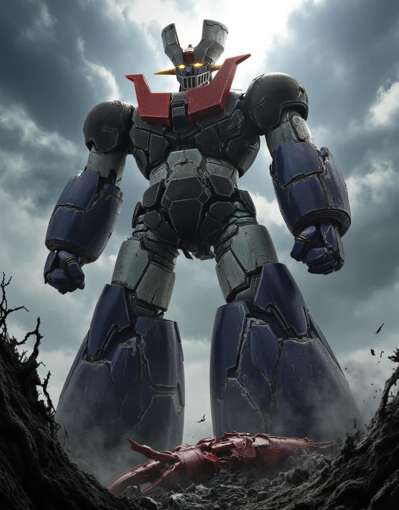  a very realistic version of the modified Mazinger Z,    is 100 meters tall and in a battle pose leaning forward　 Bad Weather Being Remodeled into Great Mazinger　thunder　Burnt Remains of an Enemy Machine Beast Underfoot 　god々The cumulonimbus clouds shine the sun shines 　 Mount Fuji