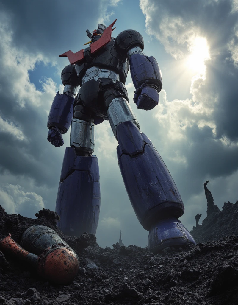  a very realistic version of the modified Mazinger Z,    is 100 meters tall and in a battle pose leaning forward　 Bad Weather Being Remodeled into Great Mazinger　thunder　Burnt Remains of an Enemy Machine Beast Underfoot 　god々The cumulonimbus clouds shine the sun shines 　 Mount Fuji