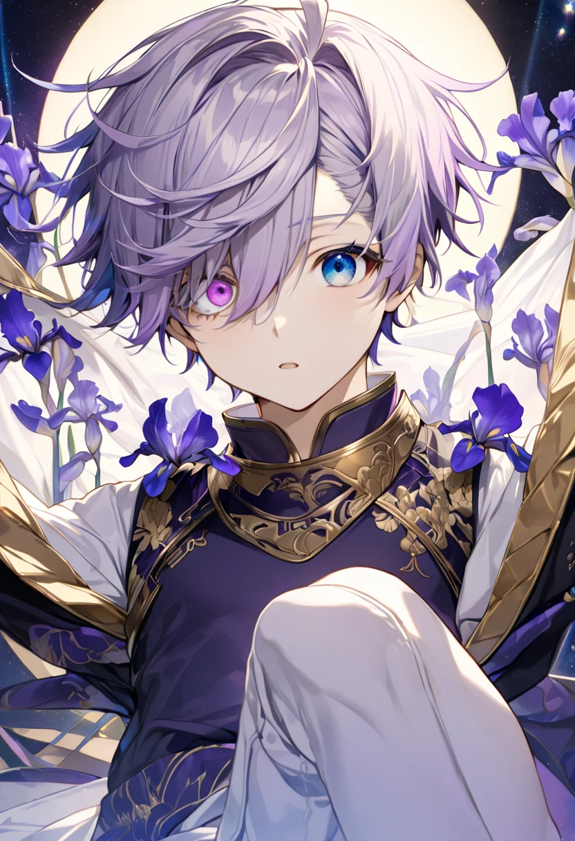  fresh illustration ,
Superfine painting,
 very delicate illustration ,
 Very fine details ,
Picture of only one boy ,
Height: 158cm,
 white skin,
((((( complete iris heterochromia where the right eye is purple and the left eye is blue))))),
 beautiful eyes,
 large black pupils ,
 short hair,
Gray Hair,
 hair roots are bluish ,
 The hair has gradation ,
 shiny hair with makeup,
Beautiful and pretty face,
A small rear wheel that shines brightly floats above the head ,
 raised eyebrows ,
 and is wearing a kimono on the upper body in kimono,
Masculine physique,
 Six Pack,
 Super Skinny,
No boobs,
 lower body Nadres ,
The color of the belt is black ,
Overall white clothes ,
 The design is tastefully embroidered with gold thread,
 fine fabric clothing ,
 jockstrap underwear ,
 thigh strap,
 thigh strapは肌に食い込んでいる,
 white long boots,
 There are countless Japanese style ,
 number of fingers on the hands and feet ,
 thin waist,
 thin legs ,
The number of fingers on a hand is five,
Isometric,
Golden Ratio,
god々 like atmosphere,
 The undershirt is indigo-colored with a stand-up collar,
 outer space ,
Milky Way,
Little Star々 upper body ,
 tactical use of shadows ,
 rings of the head and hair do not stick out of the angle of view,
Clothes don't stick out of the angle of view ,
(( standing))
(Knee Shot),
