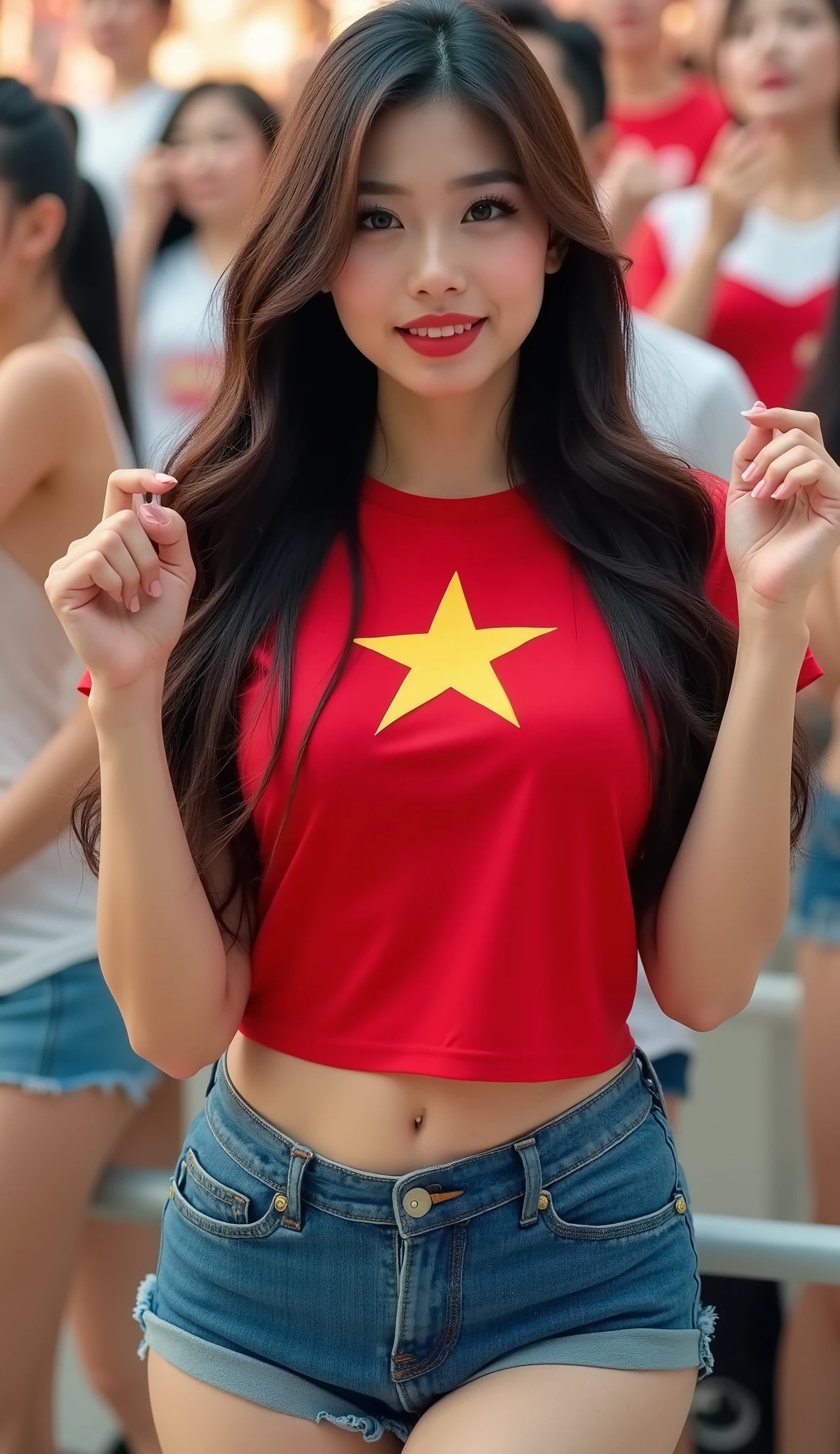 ((Realistic light, Highest quality, 8K, Artwork: 1.3)), Clear focus: 1.2, a girl, a beautiful woman posing to cheer for the Vietnam national team in the stands (a charming Vietnamese model), Perfect body beauty: 1.4, Slim waist: 1.1, ((Dark brown hair, Large breasts: 1.3)), (Body paint finish, Red t-shirt, 1 golden star on the chest, jeans, body paint. Long legs, Detailed face, Beautiful eyes, double eyelids).