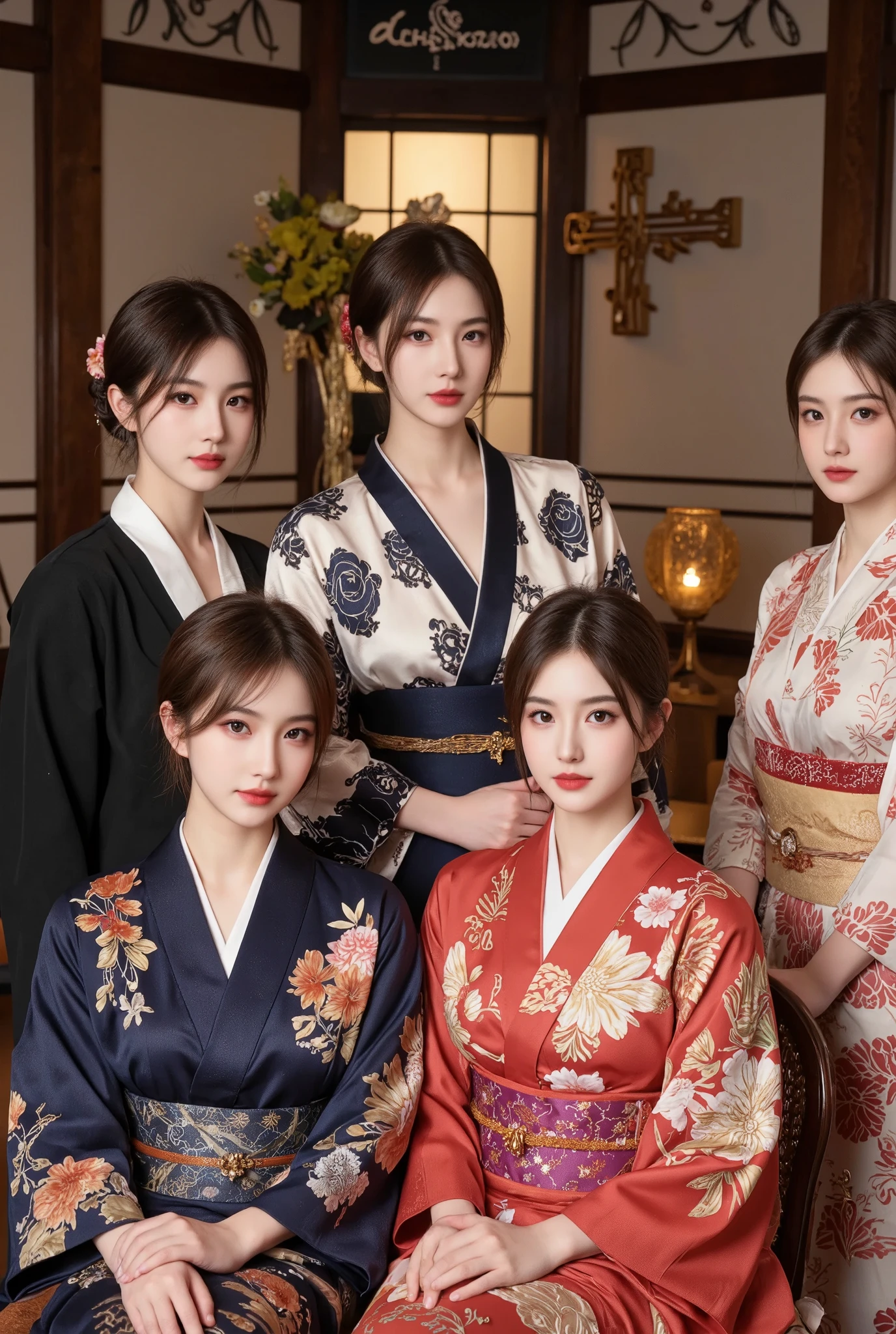Ultra HD Digital Photo ， Group photo of multiple girls wearing different kimonos， Full Body Photo ，Bar mitzvah，