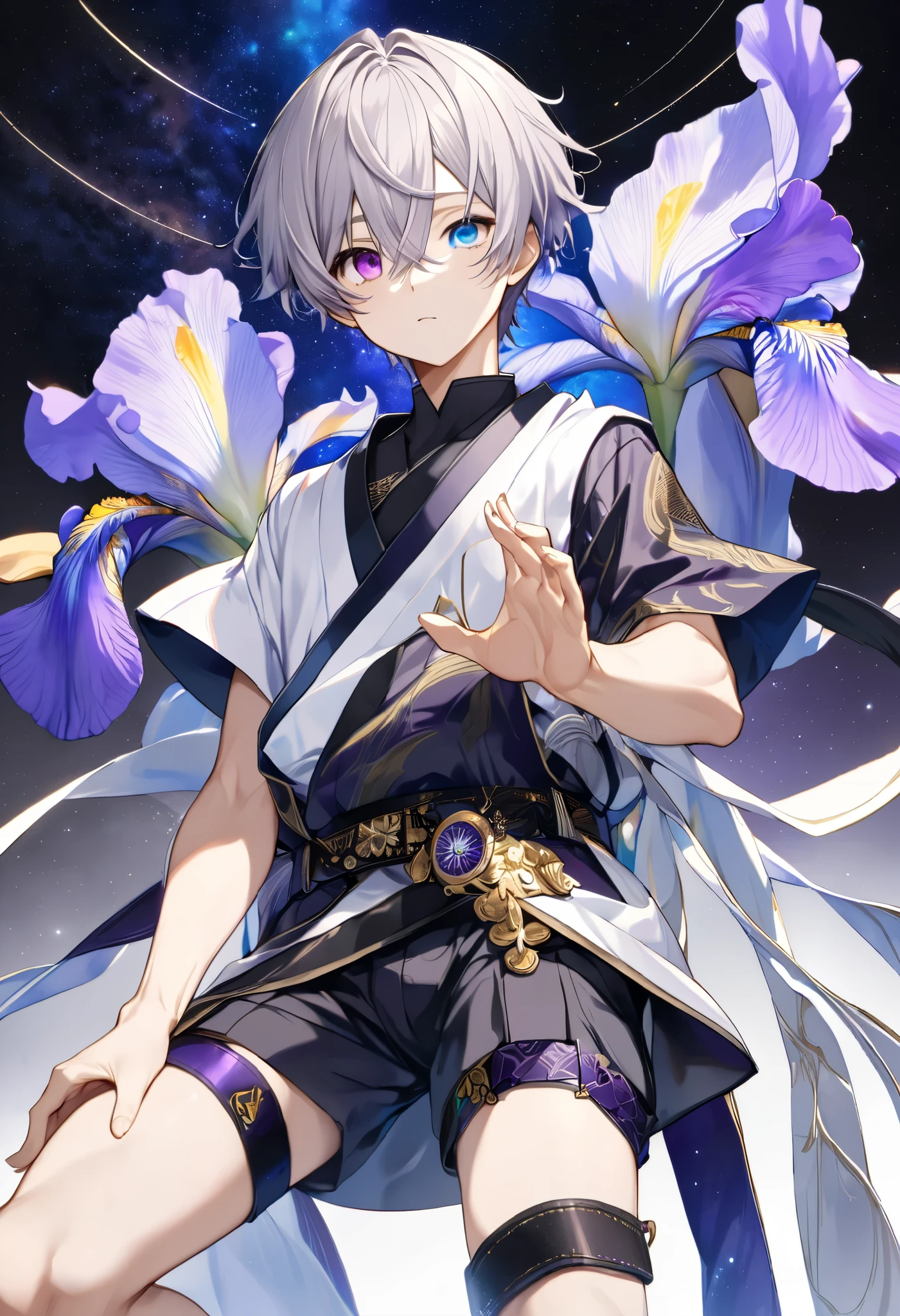  fresh illustration ,
Superfine painting,
 very delicate illustration ,
 Very fine details ,
Picture of only one boy ,
Height: 158cm,
 white skin,
((((( complete iris heterochromia where the right eye is purple and the left eye is blue))))),
 beautiful eyes,
 large black pupils ,
 short hair,
Gray Hair,
 hair roots are bluish ,
 The hair has gradation ,
 shiny hair with makeup,
Beautiful and pretty face,
A small rear wheel that shines brightly floats above the head ,
 raised eyebrows ,
 and is wearing a kimono on the upper body in kimono,
Masculine physique,
 Six Pack,
 Super Skinny,
No boobs,
 lower body Nadres ,
The color of the belt is black ,
Overall white clothes ,
 The design is tastefully embroidered with gold thread,
 fine fabric clothing ,
 jockstrap underwear ,
 thigh strap,
 thigh strapは肌に食い込んでいる,
 white long boots,
 There are countless Japanese style ,
 number of fingers on the hands and feet ,
 thin waist,
 thin legs ,
The number of fingers on a hand is five,
Isometric,
Golden Ratio,
god々 like atmosphere,
 The undershirt is indigo-colored with a stand-up collar,
 outer space ,
Milky Way,
Little Star々 upper body ,
 tactical use of shadows ,
 rings of the head and hair do not stick out of the angle of view,
Clothes don't stick out of the angle of view ,
(( standing))
(Knee Shot),
