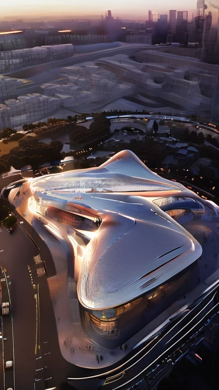 best quality, masterpiece, people, clear sky, sunset or dawn,city center, rain, zaha hadid, curve, flow,  