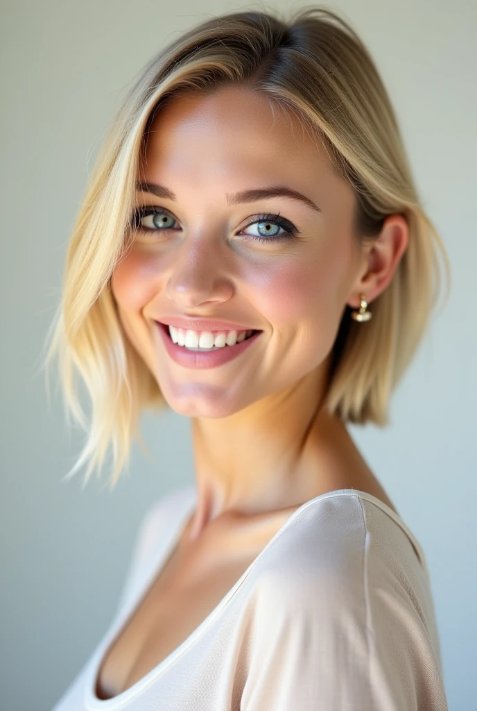 1 , high resolution, hair blonde, shorth hair, bangss, breasts big, aretes, pointed ears, laughter, blue colored eyes, teeths, make-up, Shame on the nose, teeths presas,