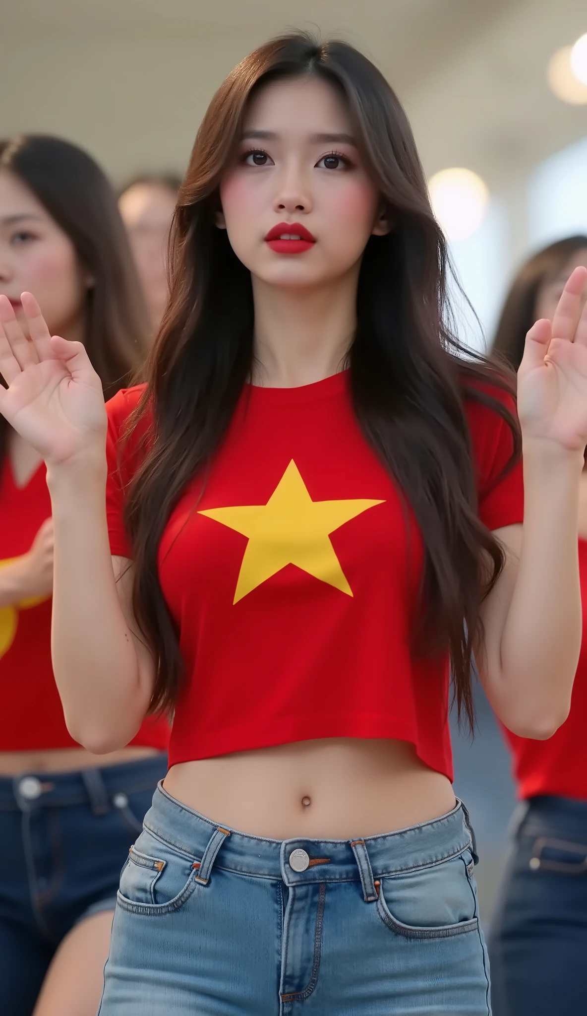 ((Realistic light, Highest quality, 8K, Artwork: 1.3)), Clear focus: 1.2, a girl, a beautiful woman posing to cheer for the Vietnam national team in the stands (a charming Vietnamese model), Perfect body beauty: 1.4, Slim waist: 1.1, ((Dark brown hair, Large breasts: 1.3)), (Body paint finish, Red t-shirt, 1 golden star on the chest, jeans, body paint. Long legs, Detailed face, Beautiful eyes, double eyelids).