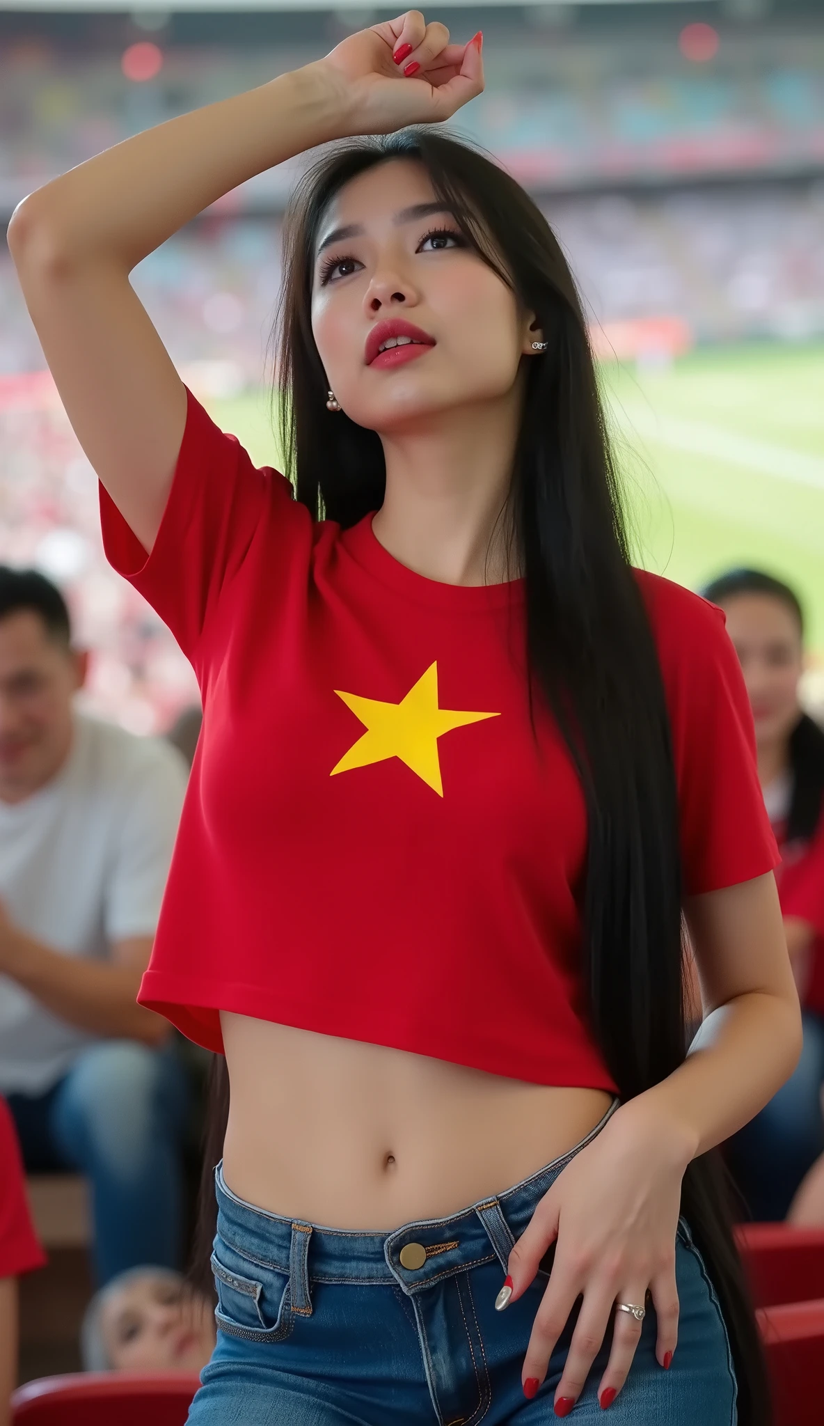 ((Realistic light, Highest quality, 8K, Artwork: 1.3)), Clear focus: 1.2, a girl, a beautiful woman posing to cheer for the Vietnam national team in the stands (a charming Vietnamese model), Perfect body beauty: 1.4, Slim waist: 1.1, ((Dark brown hair, Large breasts: 1.3)), (Body paint finish, Red t-shirt, 1 golden star on the chest, jeans, body paint. Long legs, Detailed face, Beautiful eyes, double eyelids).