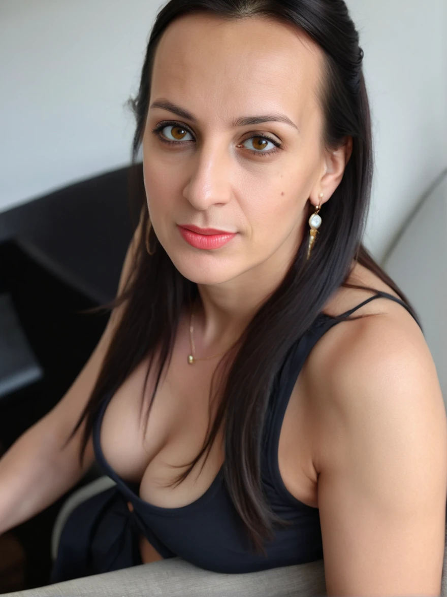 Bernice, realistic, natural skin, photorealistic, 40-years-old, Latina Woman, waist length-black hair, straight hair, brown eyes, (mature), (((consistent face and image))), ((Latina skin)), ((cleavage)), wearing dress, outdoor, lakeside in Switzer;and
