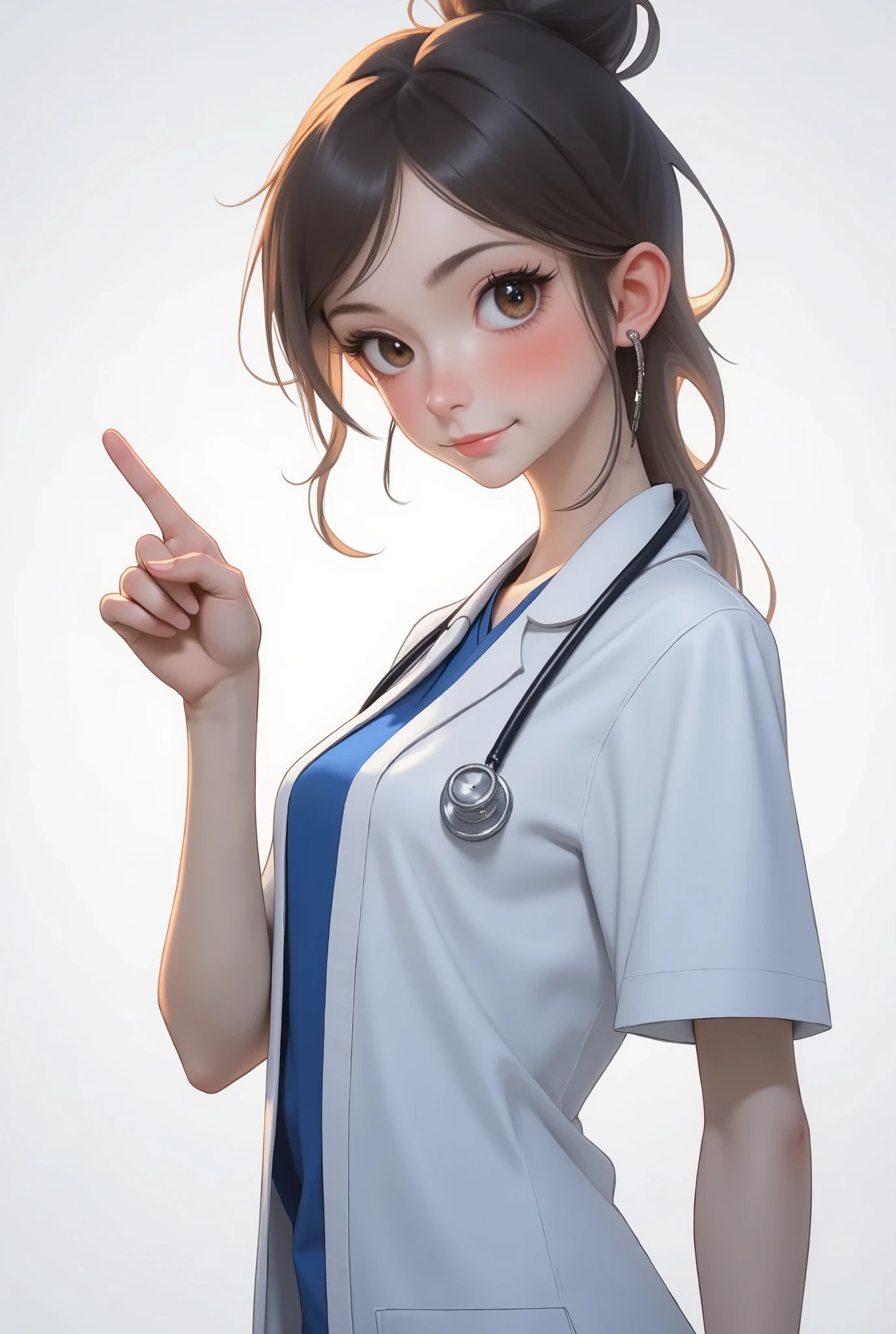 8k, top-quality, masterpiece, Super A high resolution、anime character, smooth anime cg art, simple background, beautiful Japanese woman's elegance, One Woman, one lady, Beautiful smile, Transparent atmosphere, Sexy lips, Beautiful Face, very short hair, hair bun, gentle smile, white skinned, Droopy eyes, Brown eyes, medium sized breasts, 30 years old, no background, Smooth fabric, tight, blue T-shirt, pointing , side shot, standing, doctor, doctor costume, wearing a white hospital gown, upper body, Put the stethoscope on own neck, ponytail,