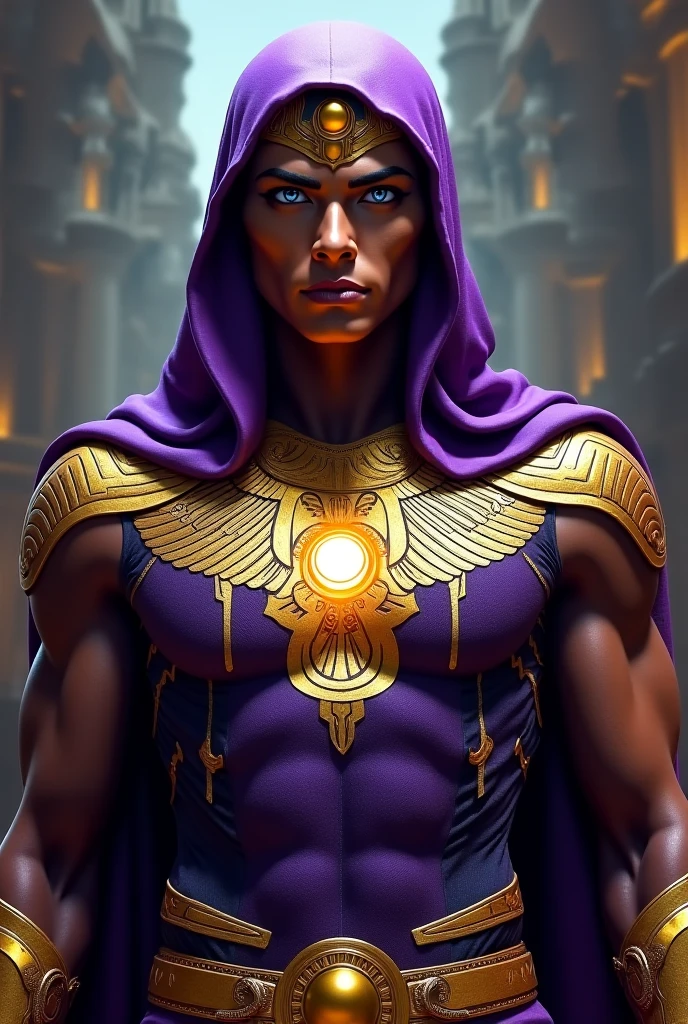 Handsome Brazilian teen man. Hero outfit. Brown Color outfit. Logo in outfit: souls .with hood and cape. No top. Lean. He has self trust issues. He's more in skinny side. Less muscle