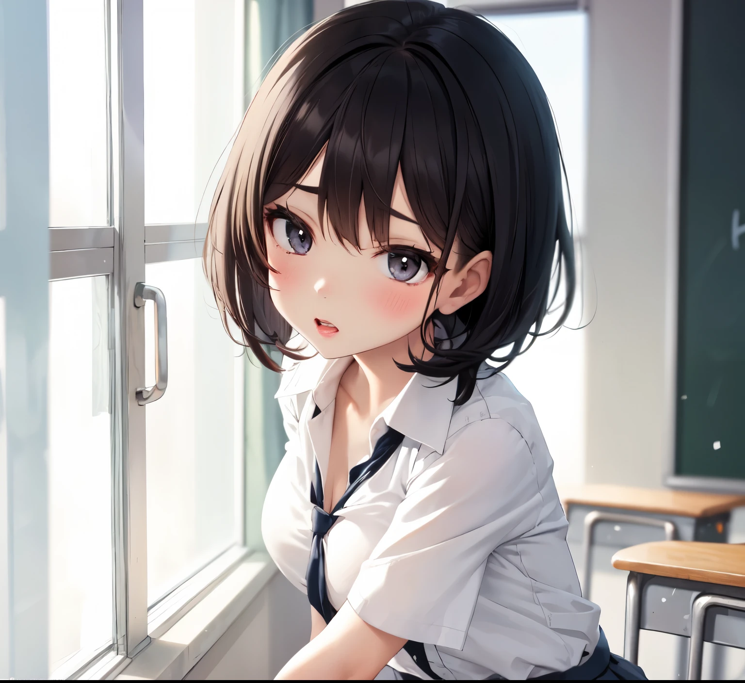 Beautiful woman, (Perfect Anatomy), Slender、(OL、White short sleeve shirt、vest、bow tie, detailed side tie panty), (Look down), (Pussy juice:1.1)、(Hug your chest)、20-year-old、(highest quality)、Black Hair, short hair、 Messy Hair、bedroom、Sitting on the bed、(Cutting seat), (8k, High resolution)、(Embarrassing:1.4)、(blush:1.1), medium breast, (steam:1.1), embarrassed