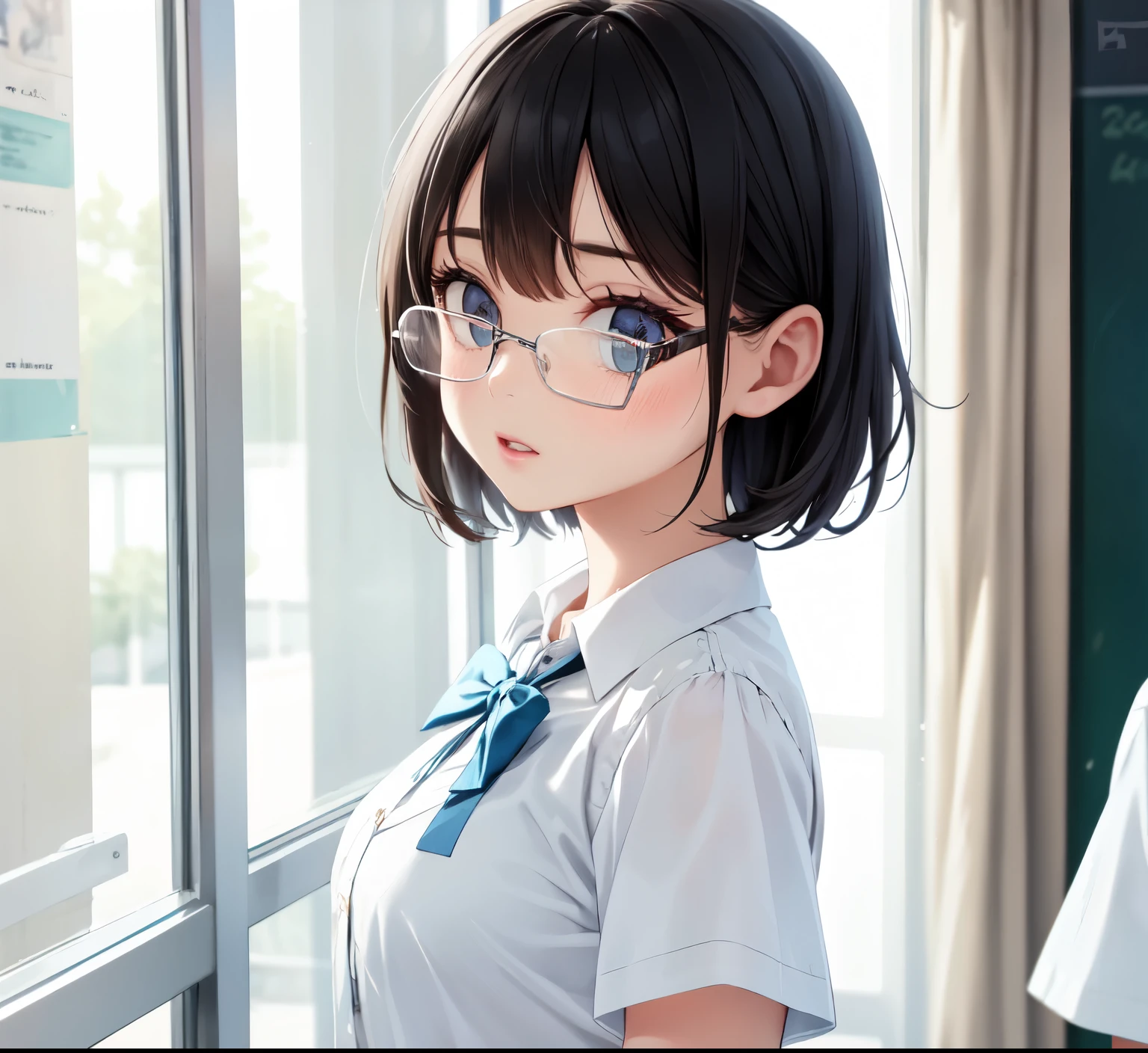 horny 、Black Haired Beautiful Girl、Short-sleeved uniform、 white blouse、Pleated skirt、 Upper Eye Care、classroom