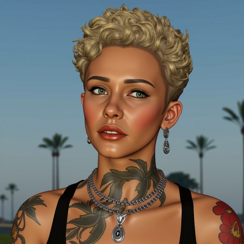 26 years old blonde girl, thicc, thick, punk rock style, one side shaved undercut hair, tattooed, punk rock make up, giving handjob in a beach, jerking a cock,