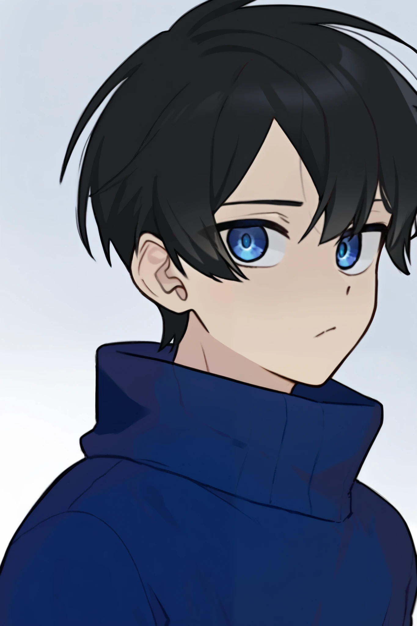 Male Android, pale, short black hair, blue eyes, blue shirt