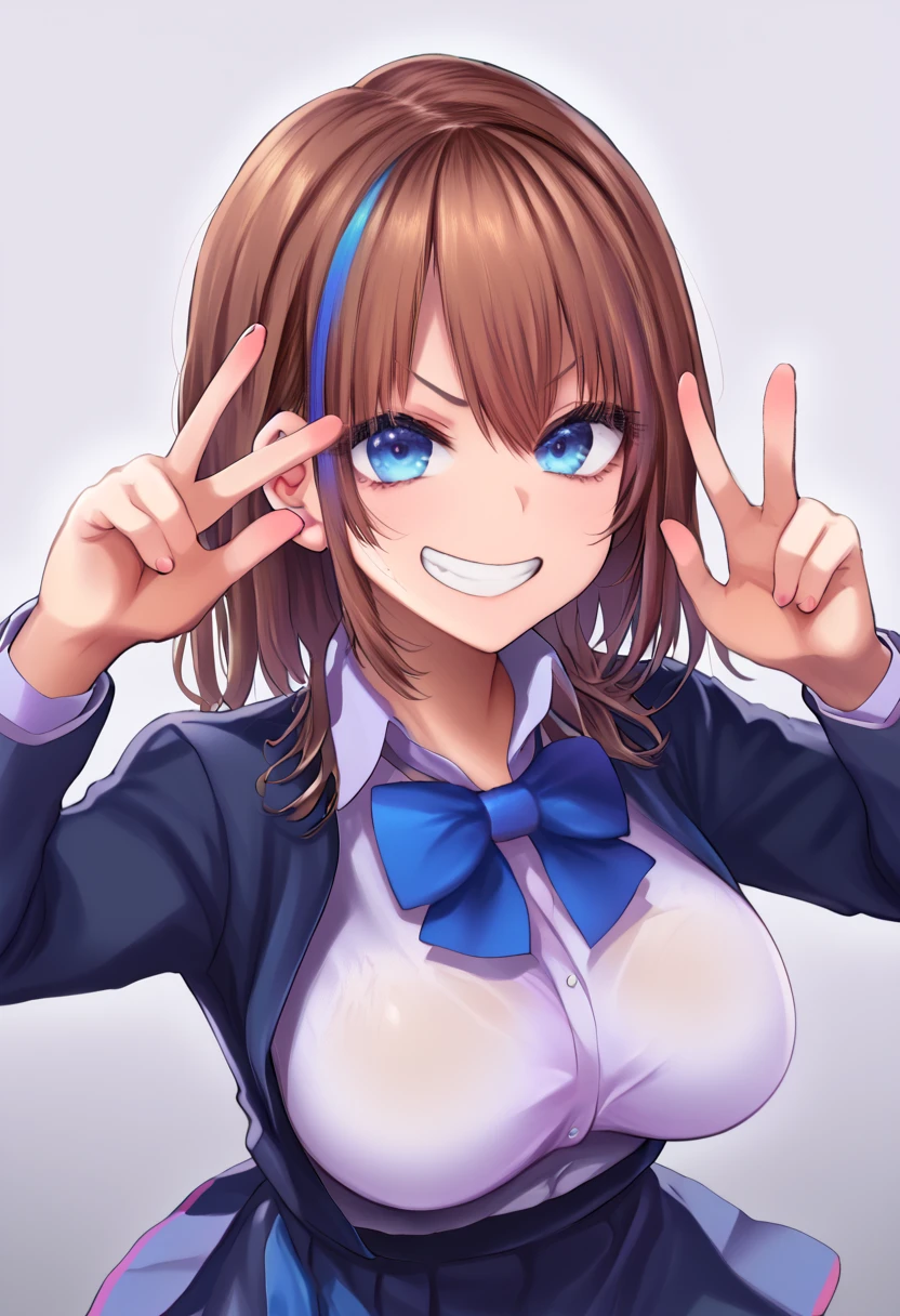 score_9,
<lora:meme50_v1_unpruned:1>,
gyaru, medium hair, brown hair, multicolored hair, large breasts, dark blue eyes,
school uniform, dress shirt, skirt, bowtie,
cowboy shot, grin, peace sign,
high resolution, Masterpiece