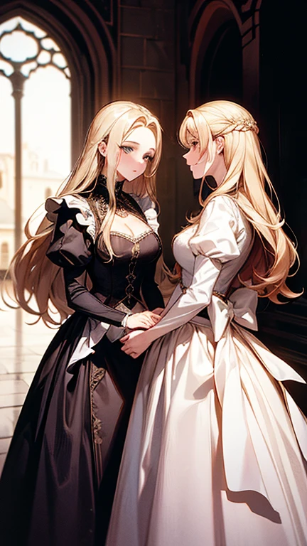Blonde mistress woman, beautiful, with white lingerie, holding and looking at another woman with black hair, yuri, ecchi, anime, Masterpiece, 4k, award-winning photo, extremely detailed, amazing, fine details, absurdities, extremely detailed eyes and face, piercing eyes, small breasts, realistic texture hyper realistic dramatic lighting highlighting.