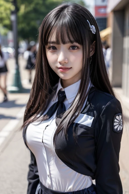  Japanese Women Like Idols , long hair , straight hair , Round face , Bust Up , ( Big Breasts)、The Irregular at Magic High School uniform、(smile)、( slender)、( black hair)、( best quality :1.5)、