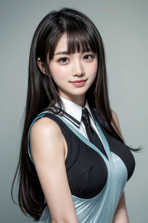  Japanese Women Like Idols , long hair , straight hair , Round face , Bust Up , ( Big Breasts)、The Irregular at Magic High School uniform、(smile)、( slender)、( black hair)、( best quality :1.5)、