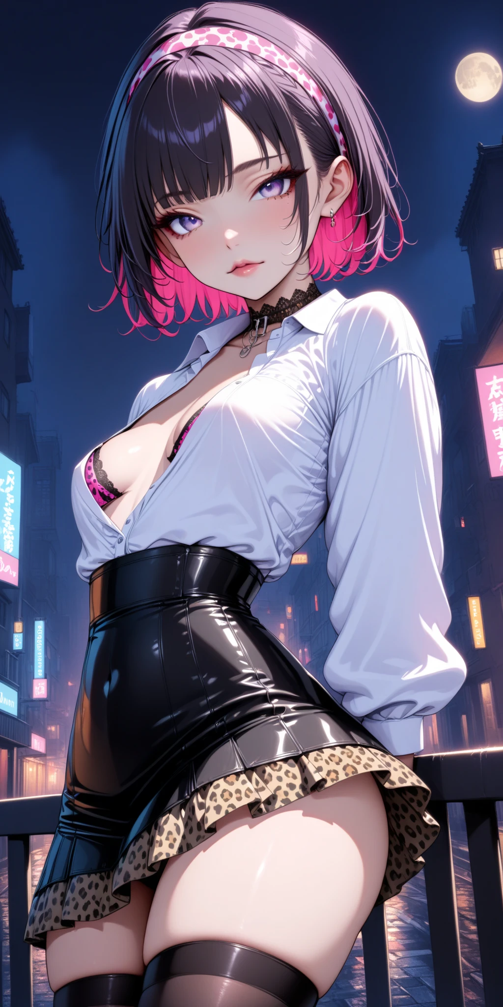 4k,CG Digital rendering,wallpaper,illustration,absurdres,Ultra HD,incredibly absurdres,masterpiece,amazing,finely detail,original,beautiful-detailed eyes,tyndall effect,dynamic angle,cyberpunk city,night,

(1girl:1.5),(solo),((streetwear)),toon,medium breasts,nsfw,shorts,((Sexual suggestion)),(standing),leaning forward,earrings,cat_ears,ribbon choker,(cleavage),((colorful streaked hair)),((( gradient hair))),

neon light,, ((painting, canvas, fine art)), detailedHDR, portrait, 50mm, F/2.8, 1m away，