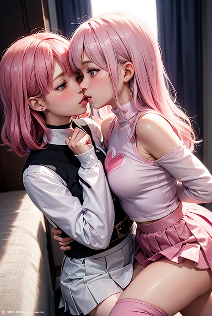 Make a picture of 2 femboys making out both wearing pink and white tigh high socks, a pink cropped sleevless turtle neck with a heart cutout, a pink skirt, and fingerless pink sleeves